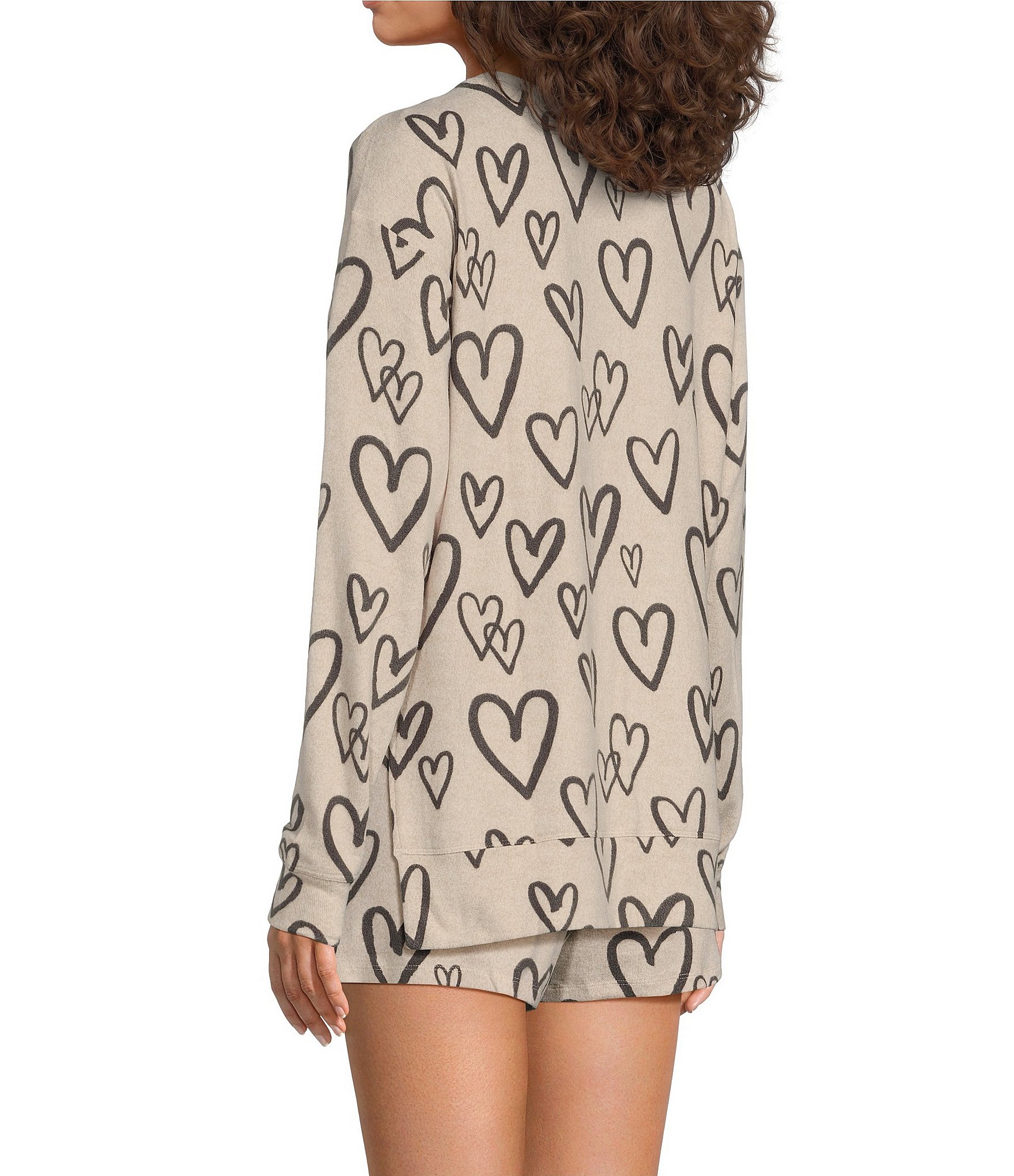 Jasmine & Ginger Doodle Heart Print Long Sleeve Crew Neck Coordinating Knit Sleep Top