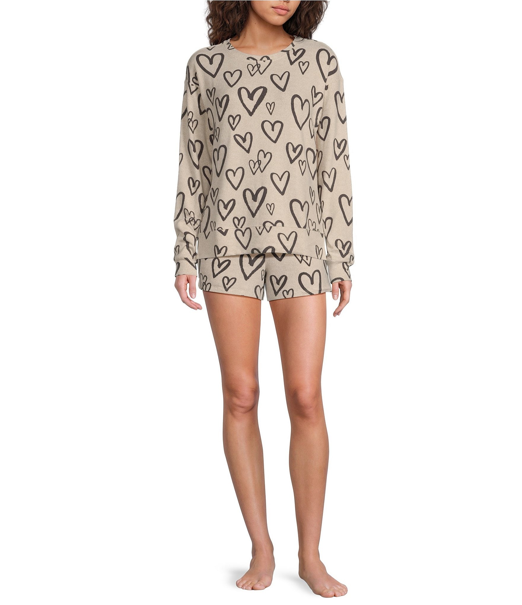 Jasmine & Ginger Doodle Heart Print Long Sleeve Crew Neck Coordinating Knit Sleep Top