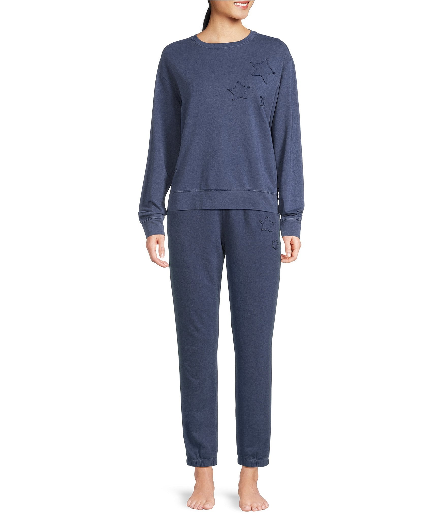 Jasmine & Ginger Long Sleeve Crew Washed French Terry Star Applique Coordinating Lounge Top