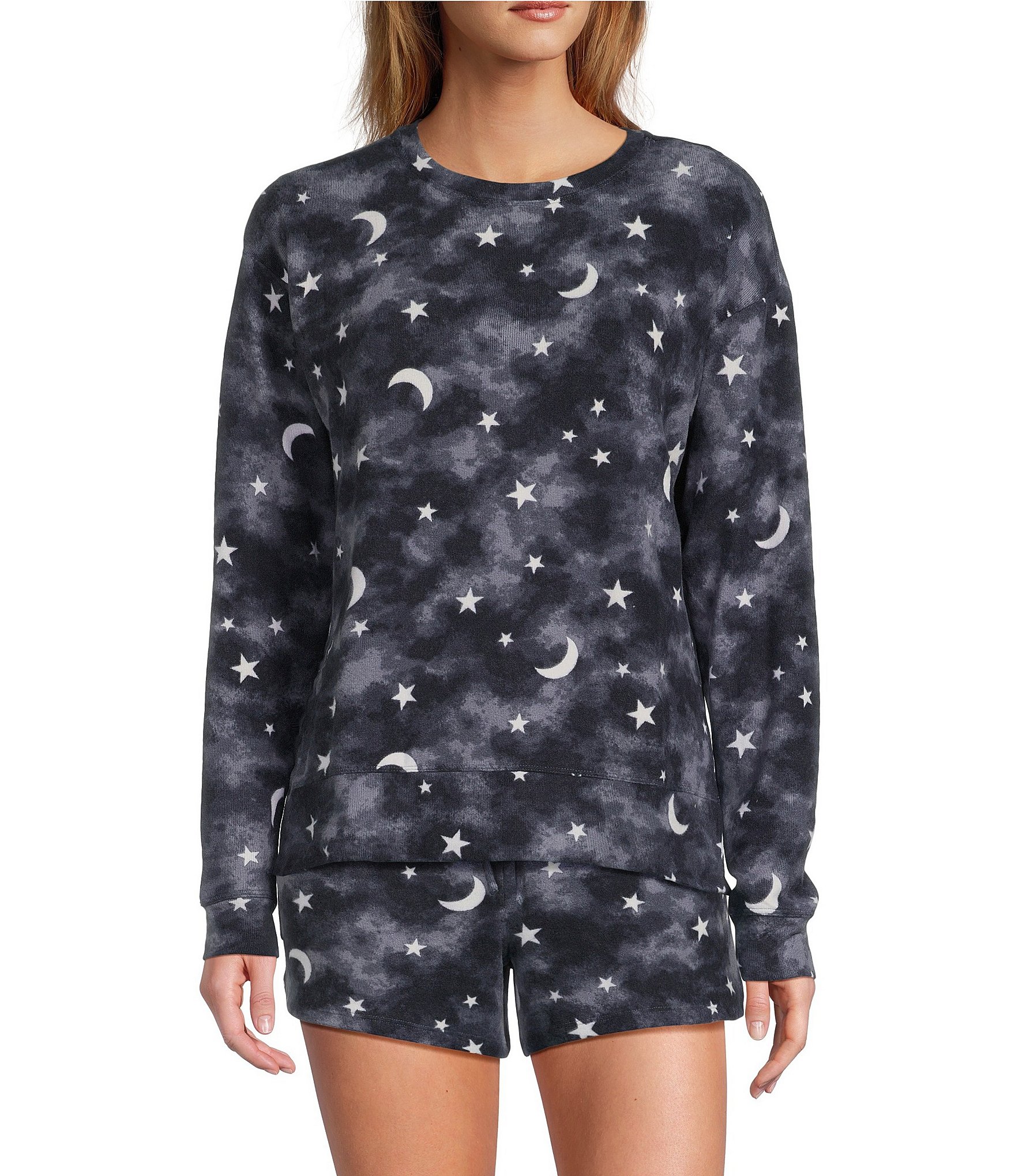 Jasmine & Ginger Moon & Star Print Long Sleeve Crew Neck Coordinating Knit Sleep Top