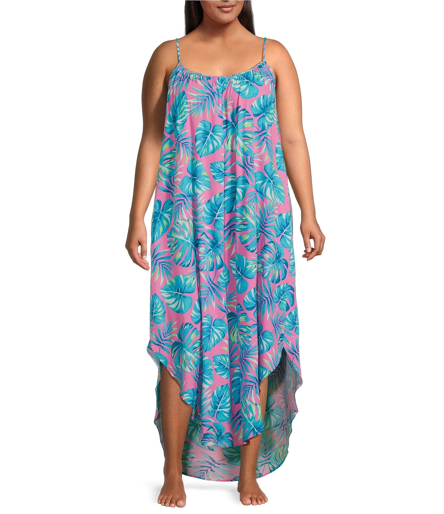 Jasmine & Ginger Plus Size Sleeveless Scoop Neck Woven Tropical Leaves Chemise