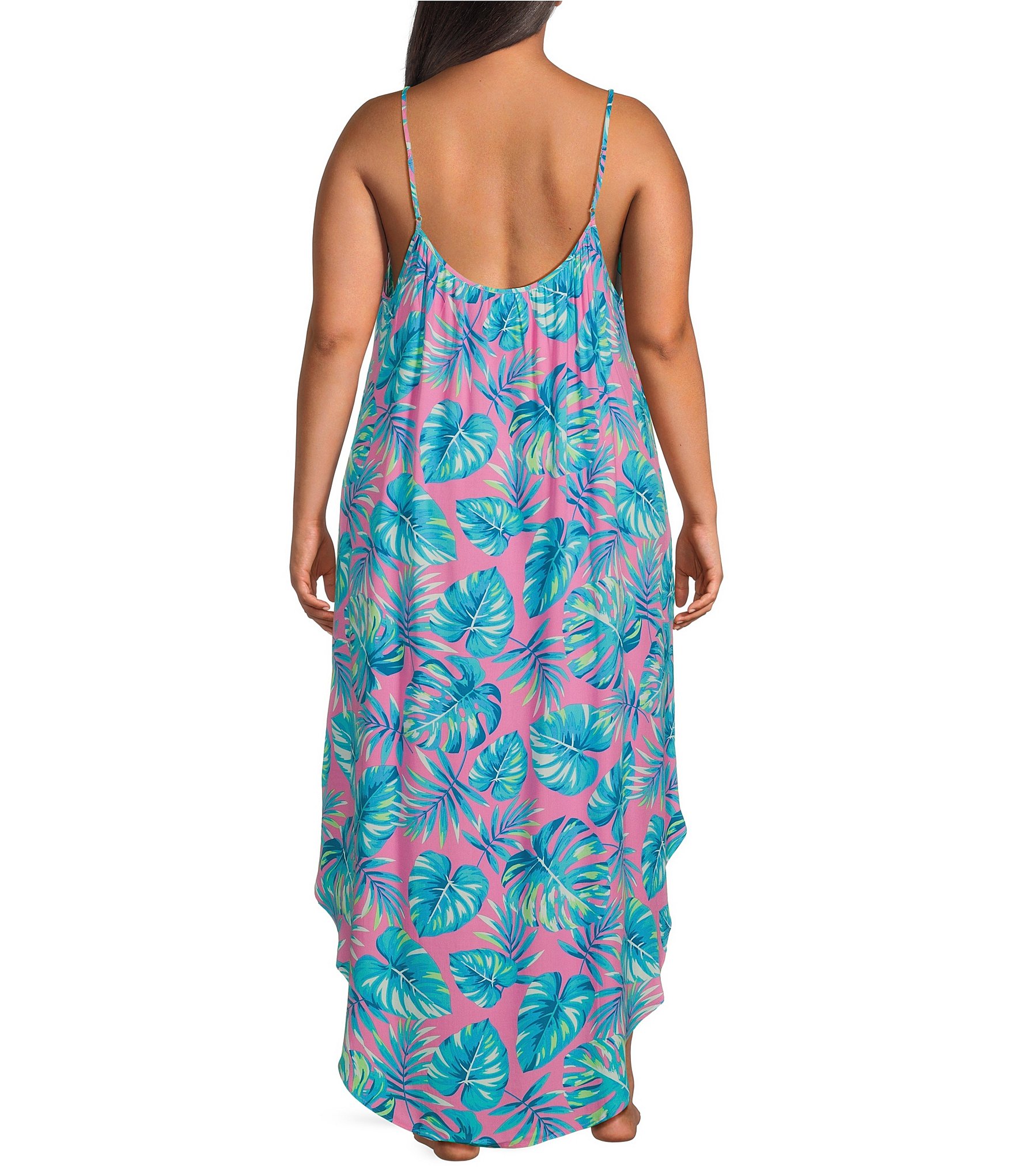 Jasmine & Ginger Plus Size Sleeveless Scoop Neck Woven Tropical Leaves Chemise