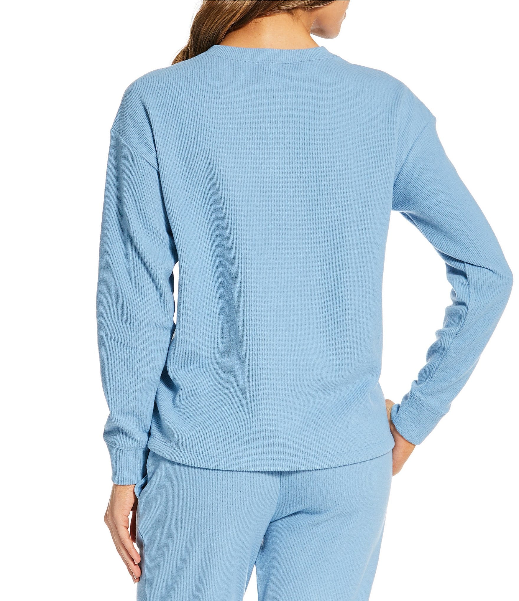 Jasmine & Ginger Solid Brushed Waffle Long Sleeve Henley Coordinating Sleep Top