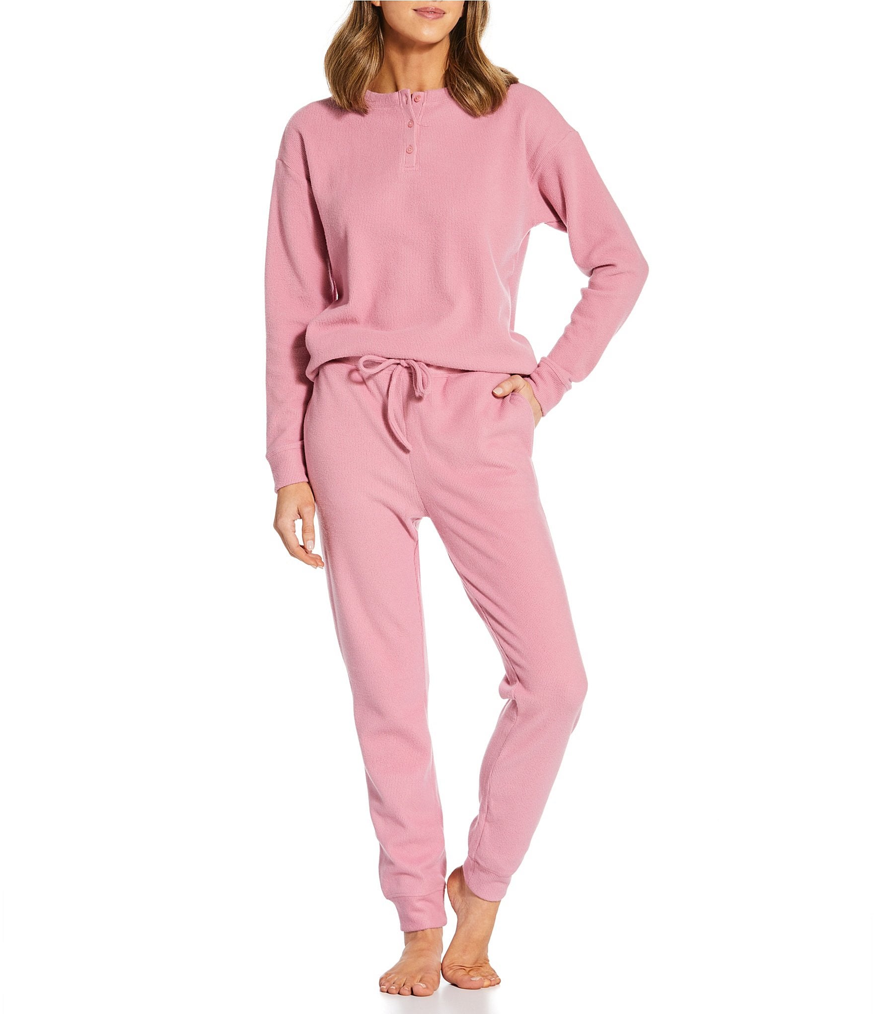 Jasmine & Ginger Solid Brushed Waffle Long Sleeve Henley Coordinating Sleep Top