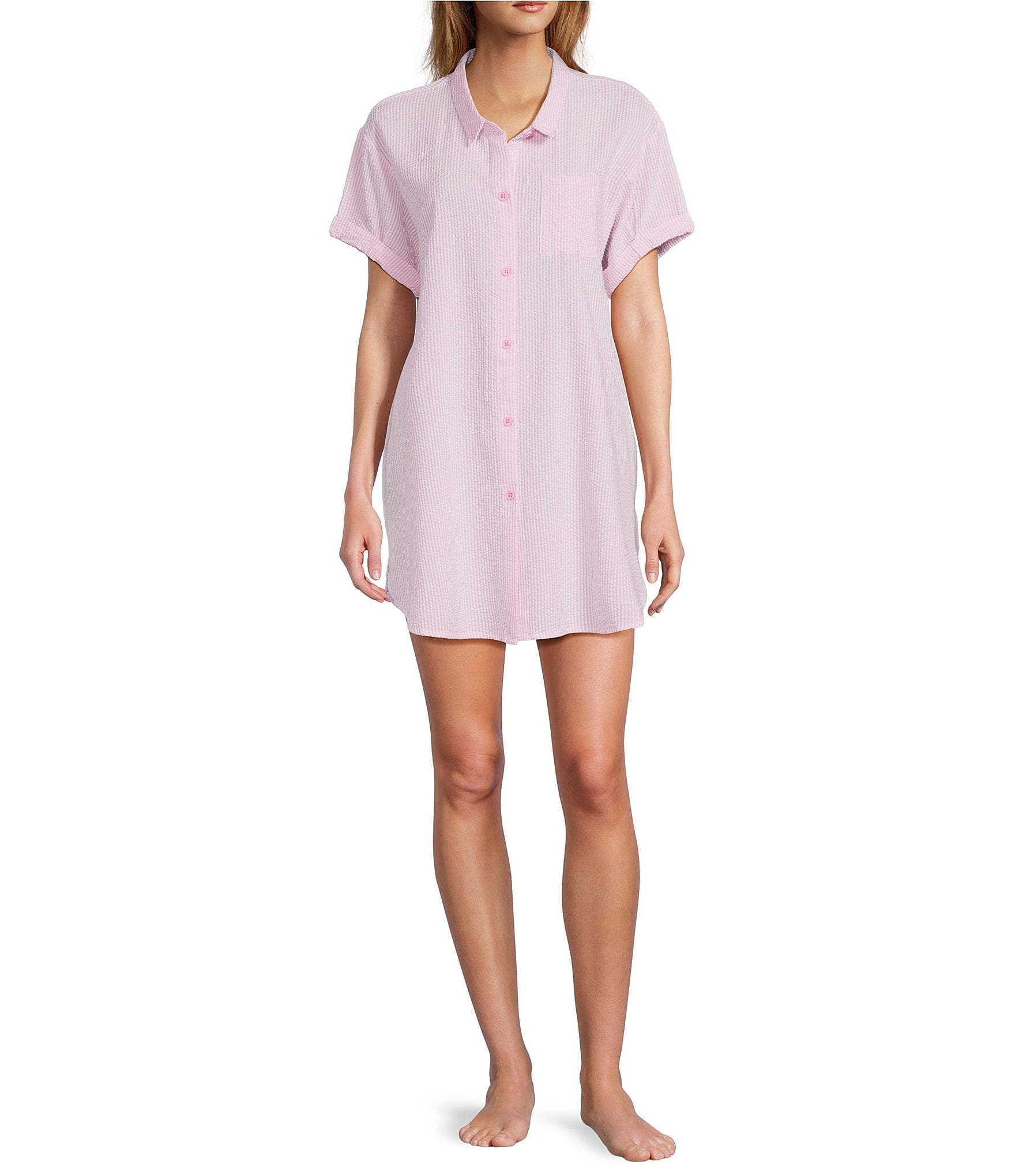 Jasmine & Ginger Striped Seersucker Short Sleeve Button-Front Nightshirt