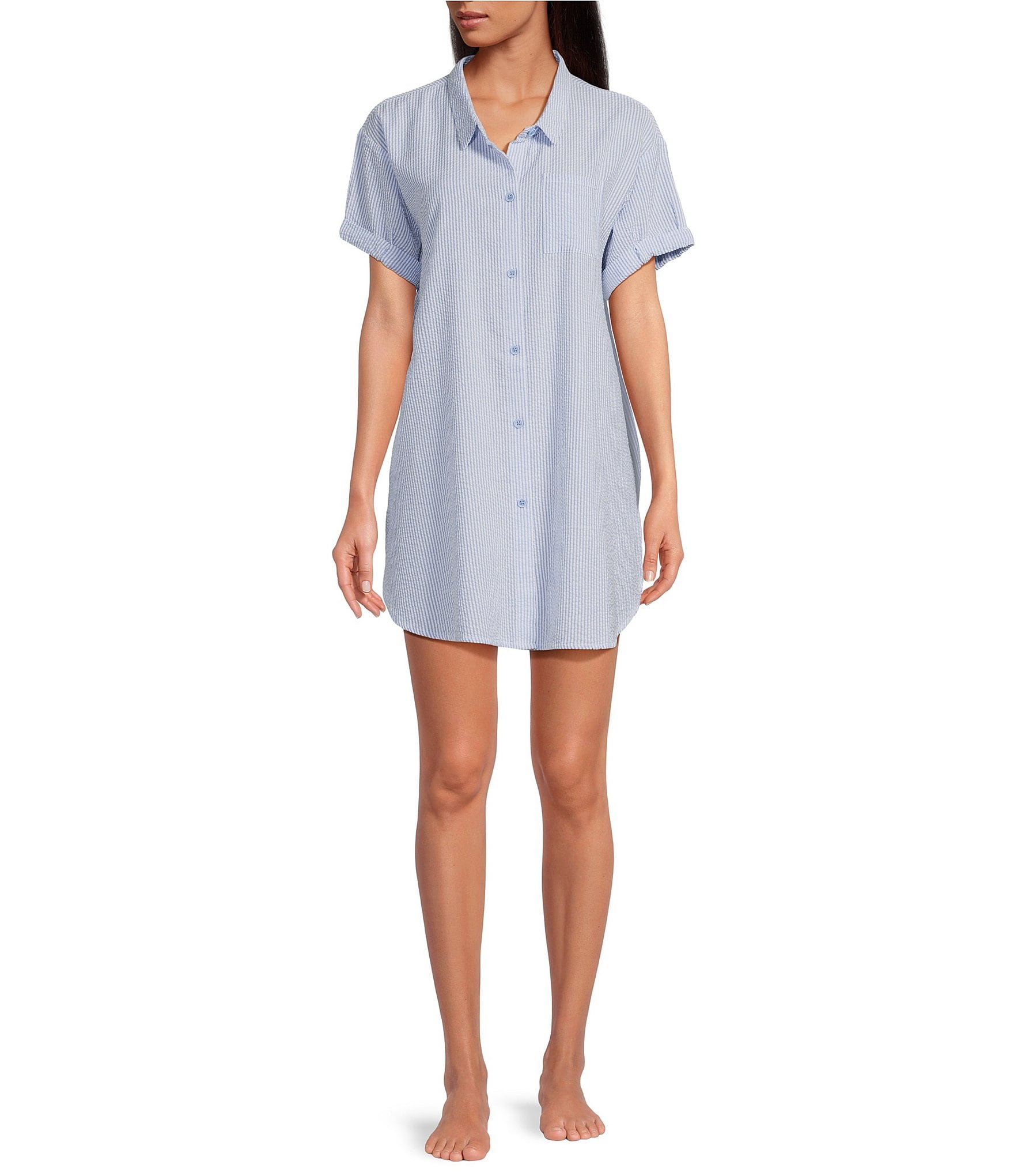 Jasmine & Ginger Striped Seersucker Short Sleeve Button-Front Nightshirt