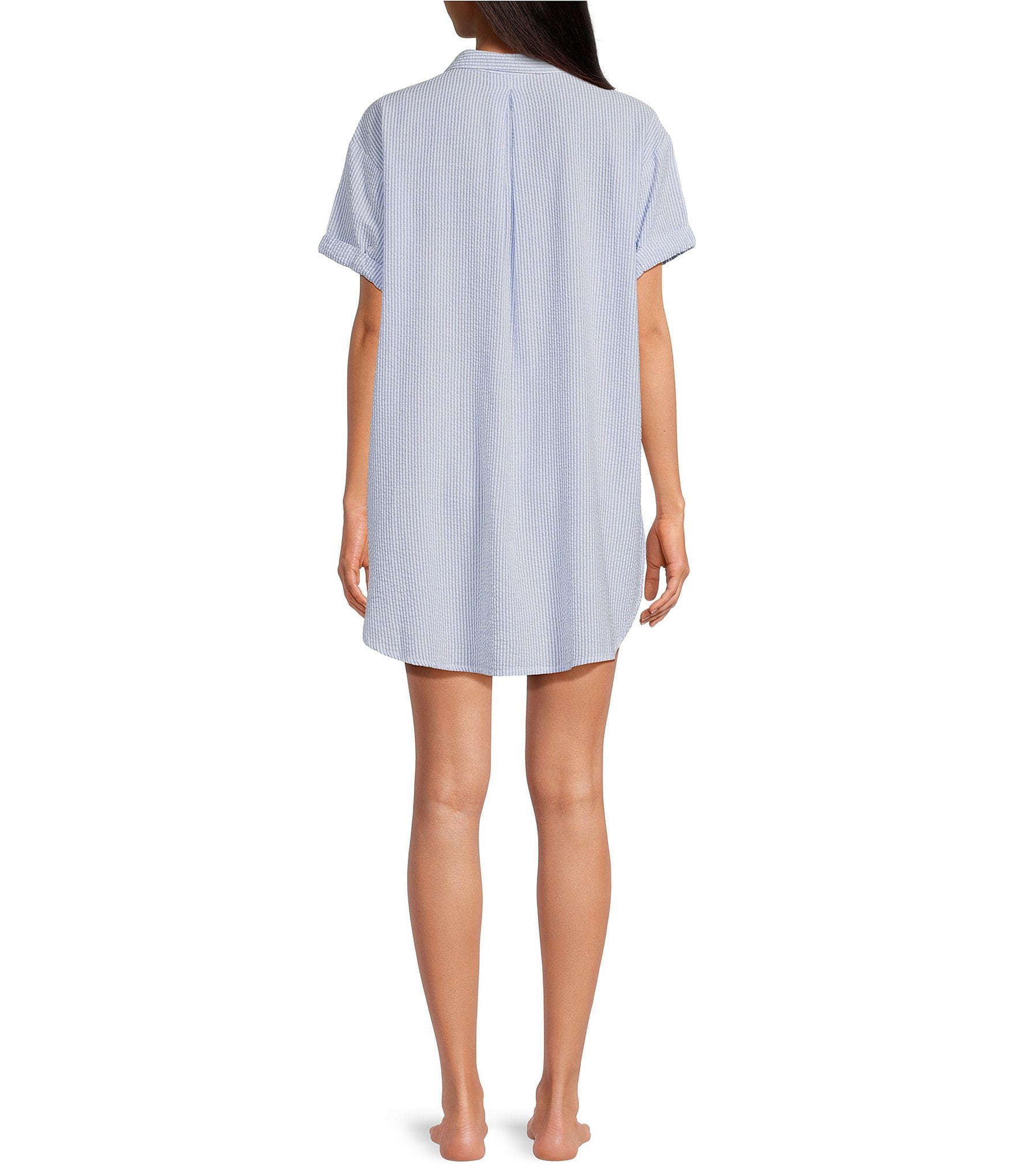 Jasmine & Ginger Striped Seersucker Short Sleeve Button-Front Nightshirt