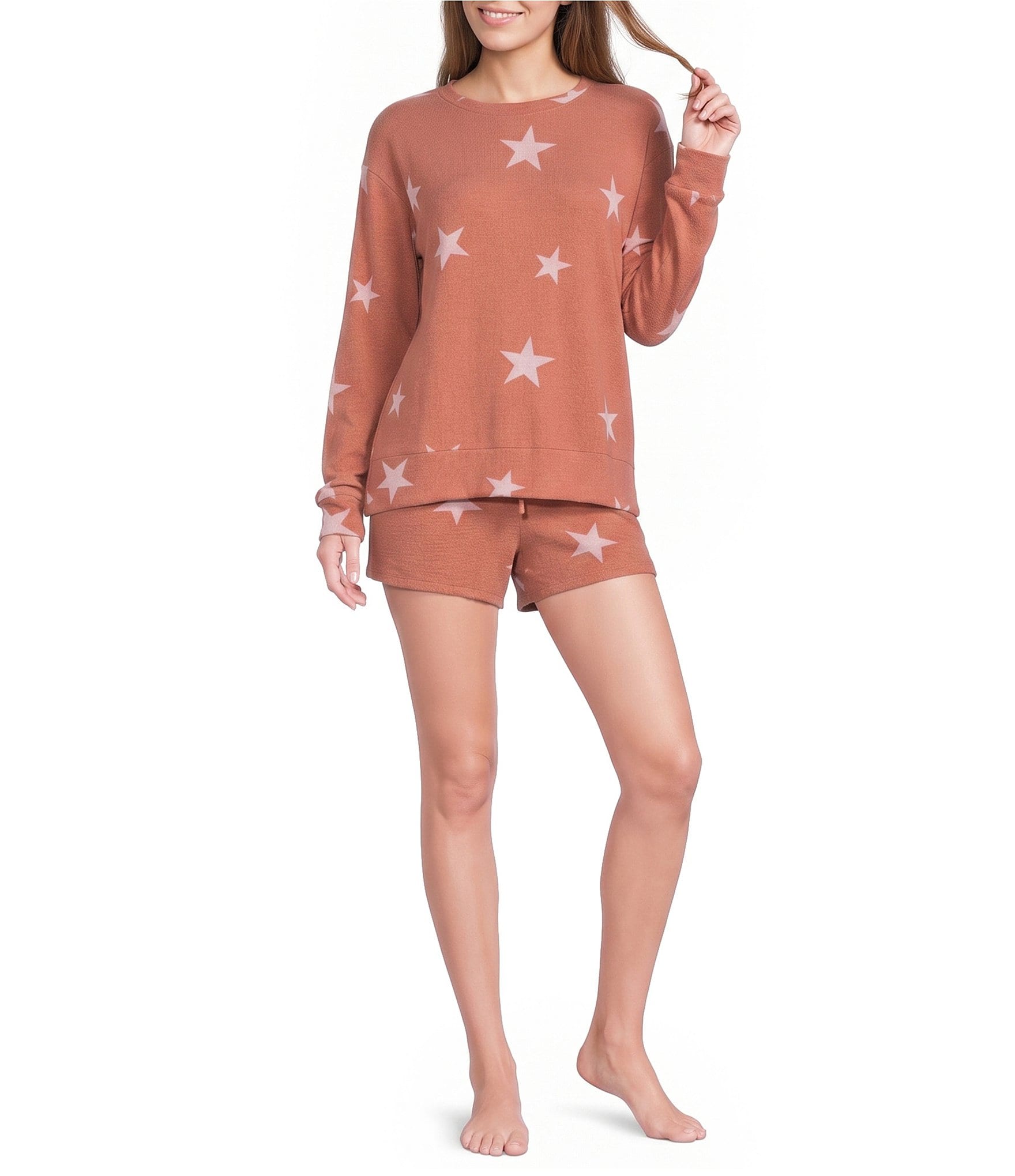 Jasmine & Ginger Tossed Stars Print Long Sleeve Crew Neck Coordinating Knit Sleep Top