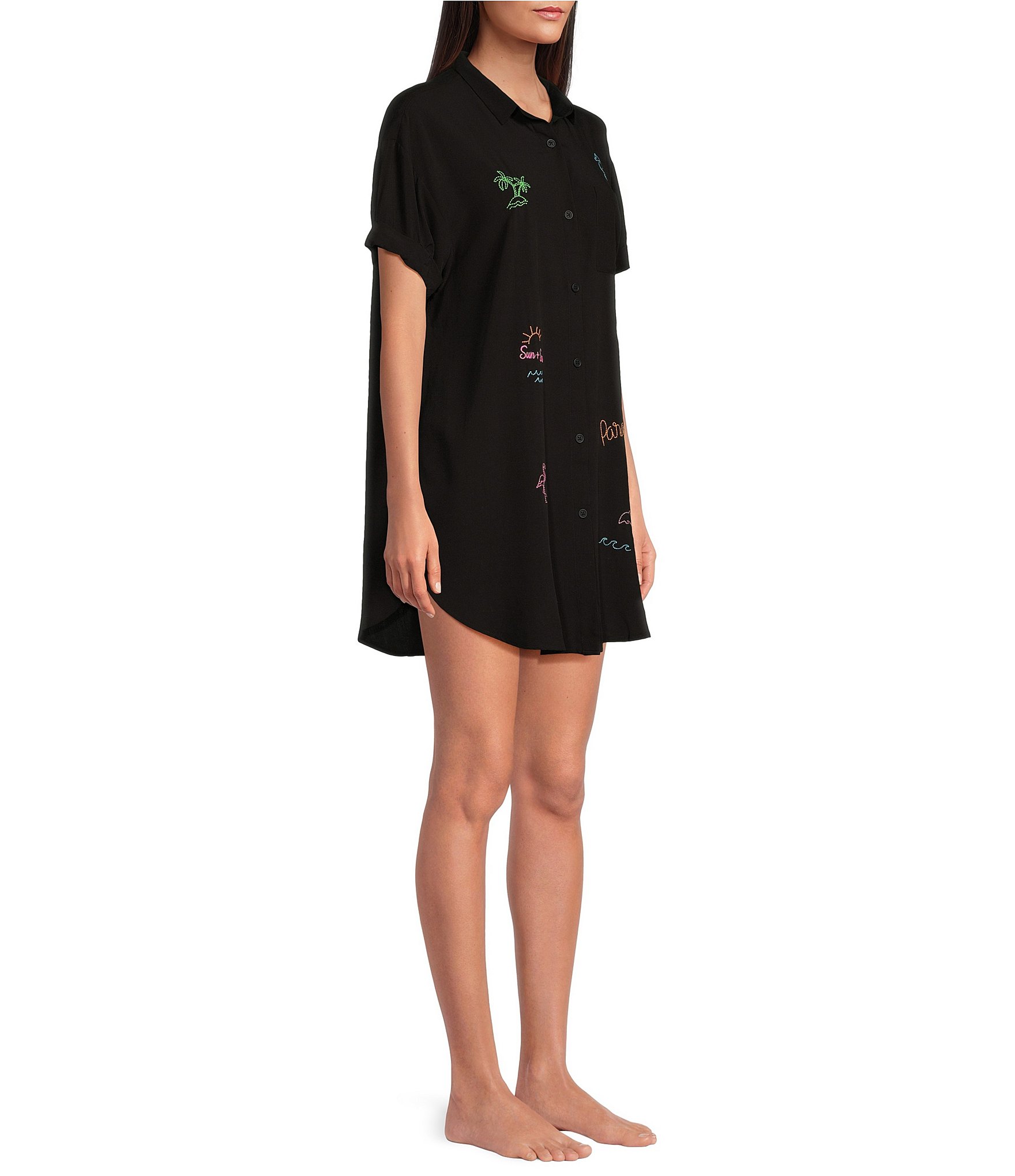 Jasmine & Ginger Woven Short Sleeve Button-Front Collar Embroidered Detail Sleepshirt