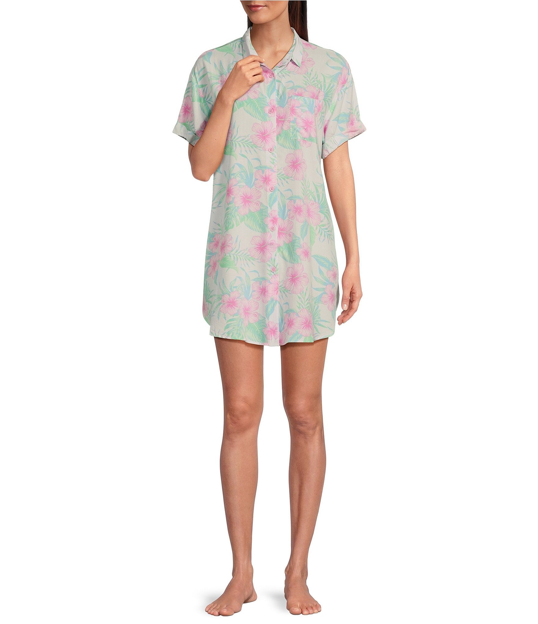 Jasmine & Ginger Woven Short Sleeve Button-Front Collar Hibiscus Print Sleepshirt