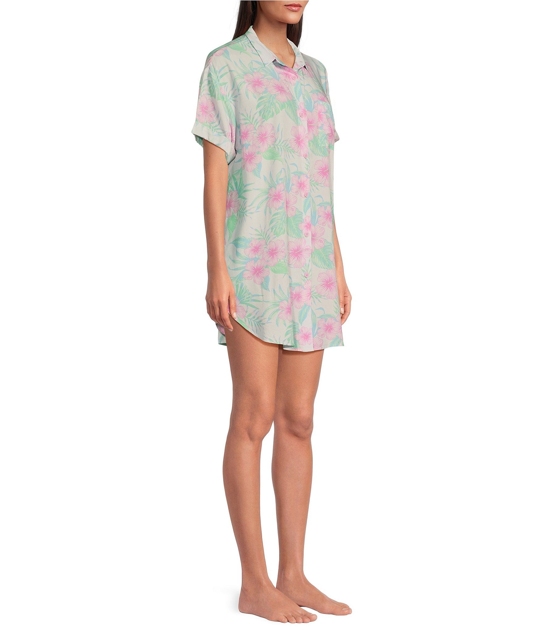 Jasmine & Ginger Woven Short Sleeve Button-Front Collar Hibiscus Print Sleepshirt