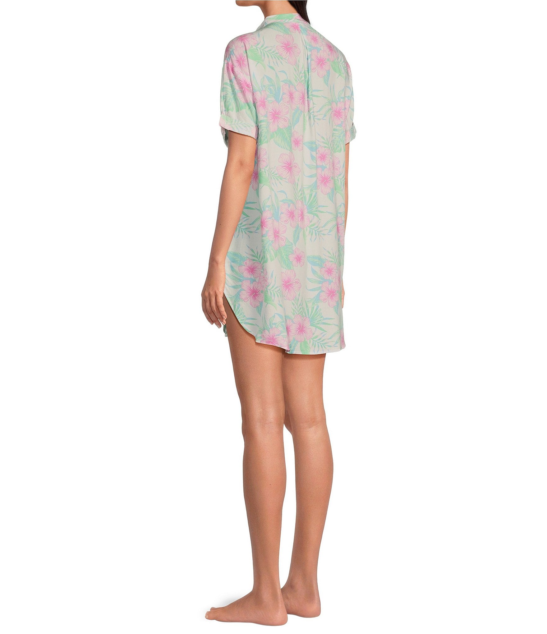 Jasmine & Ginger Woven Short Sleeve Button-Front Collar Hibiscus Print Sleepshirt