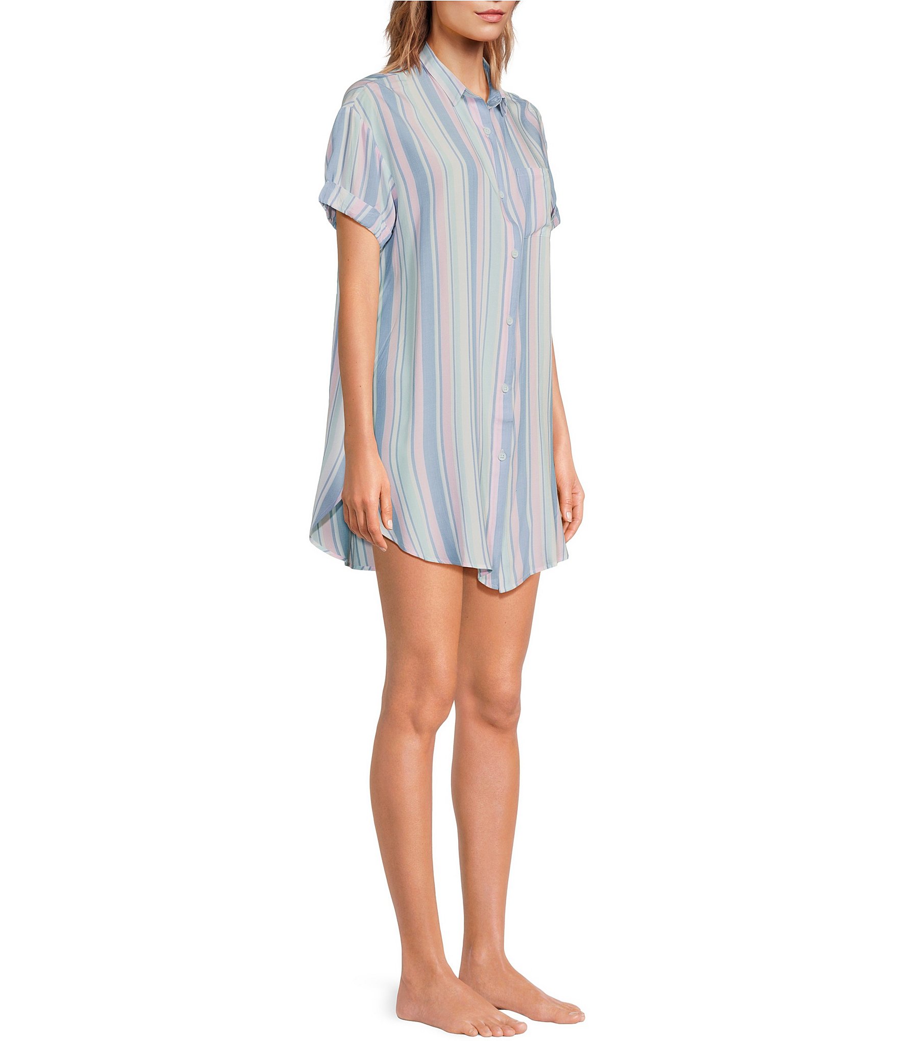 Jasmine & Ginger Woven Short Sleeve Button-Front Collar Striped Sleepshirt