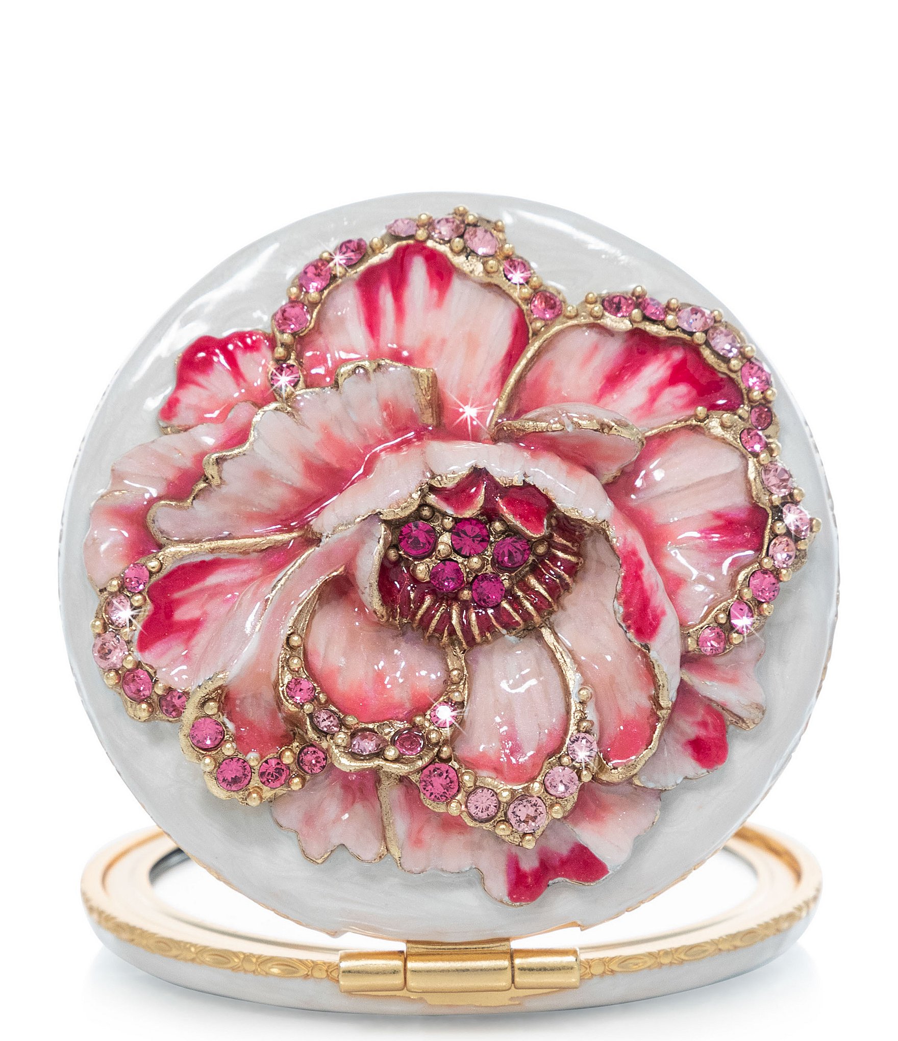 Jay Strongwater Mae Pink Peony Flower Double-Sided Round Compact Mirror