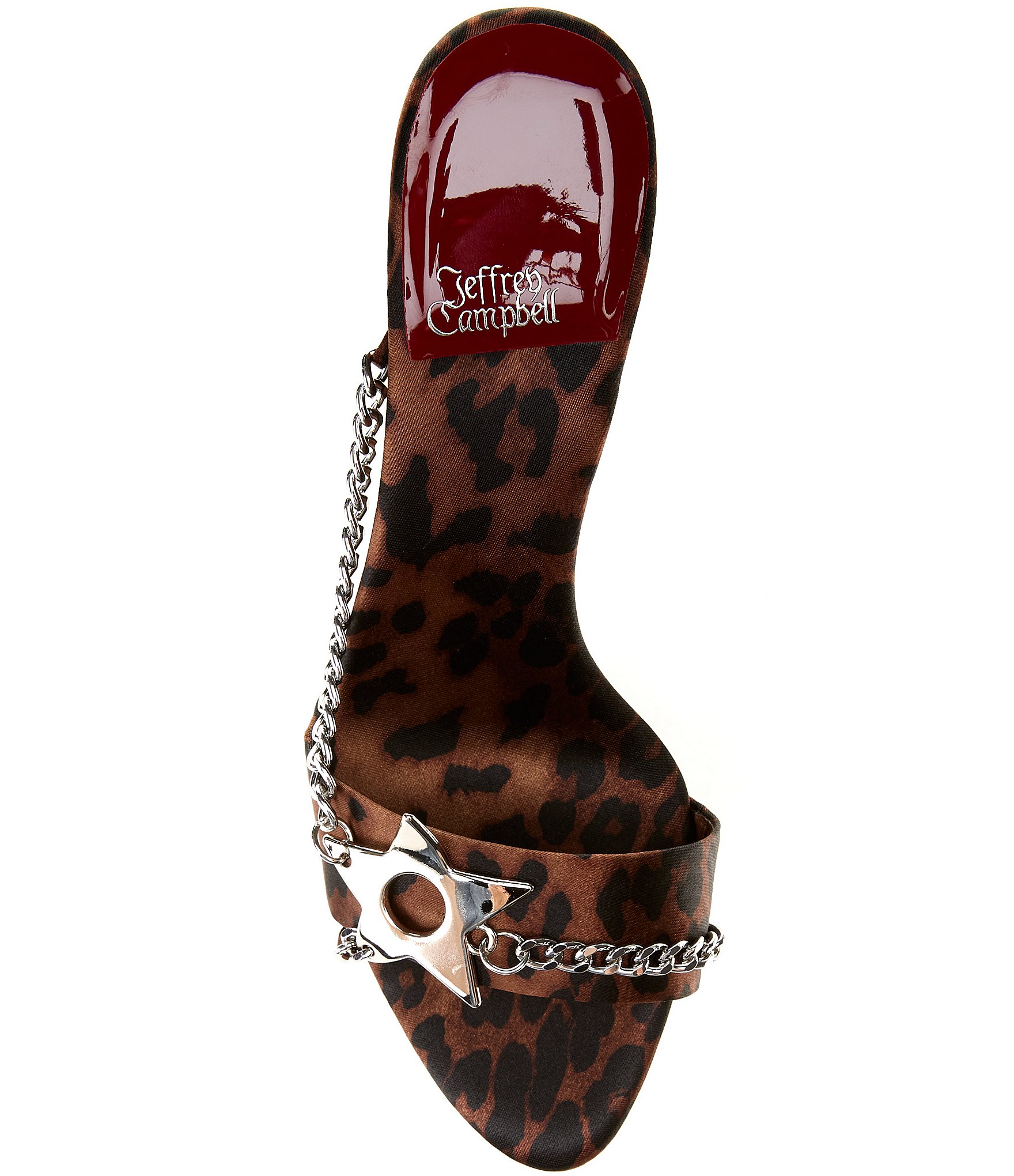 Jeffrey Campbell Soire-O Satin Cheetah Print Star Chain Hardware Dress Sandals