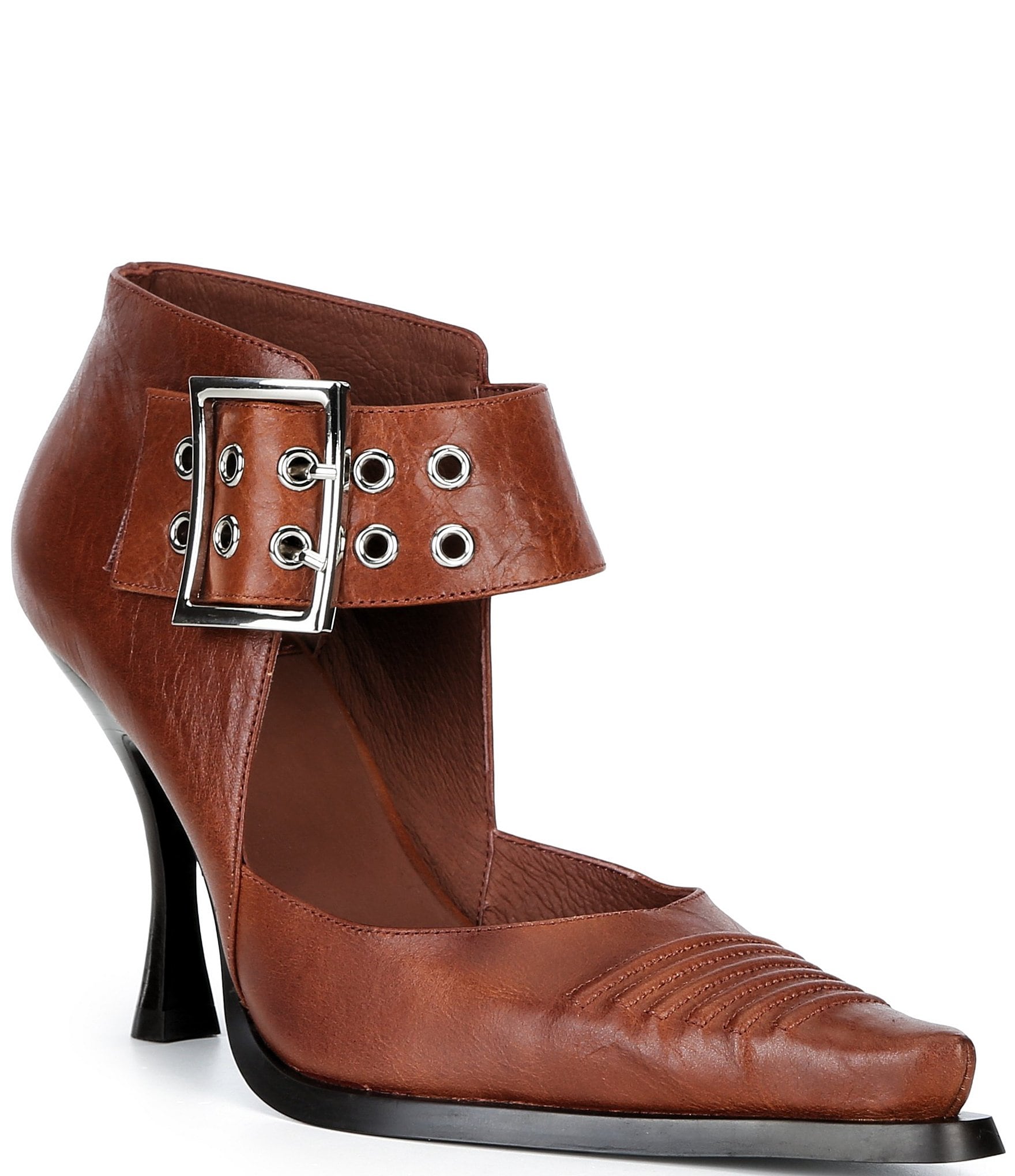 Jeffrey Campbell Written Leather Snip Toe Ankle Strap Pumps