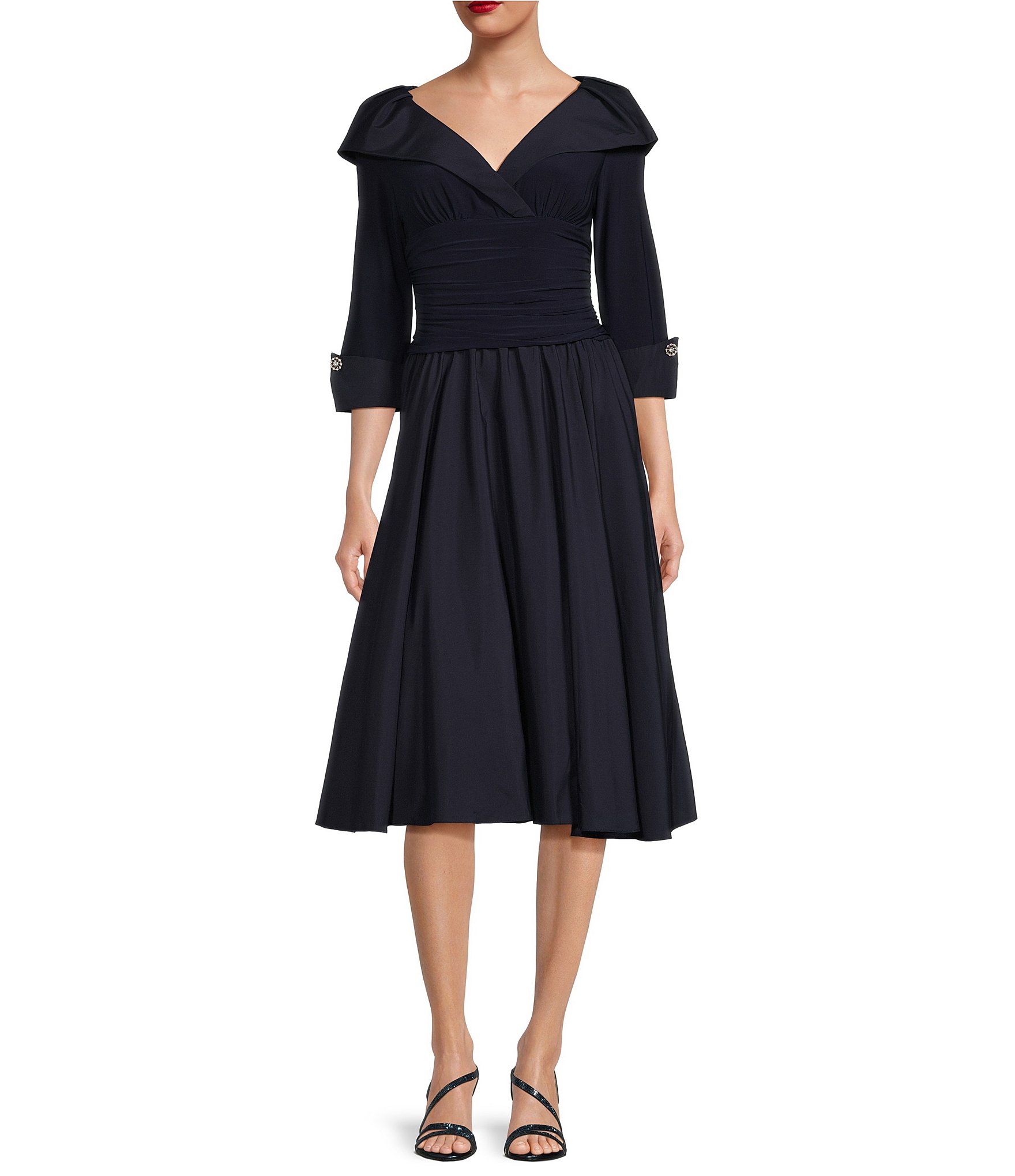 Jessica Howard Jersey Taffeta 3/4 Sleeve Portrait Collar Ruched A-Line Midi  Dress | Dillard's