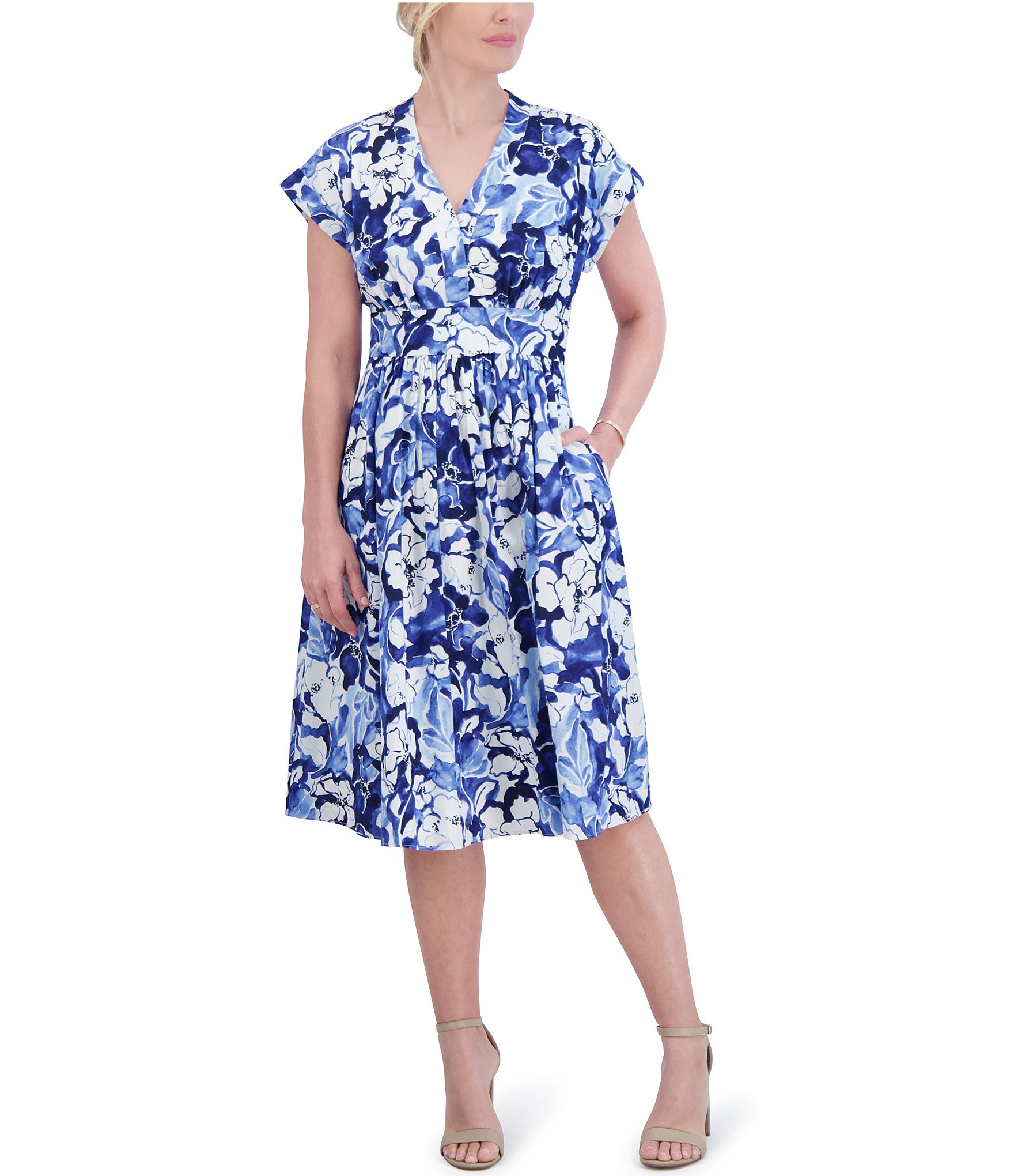 Jessica Howard Cap Sleeve V-Neck Floral Midi Fit and Flare Dress ...