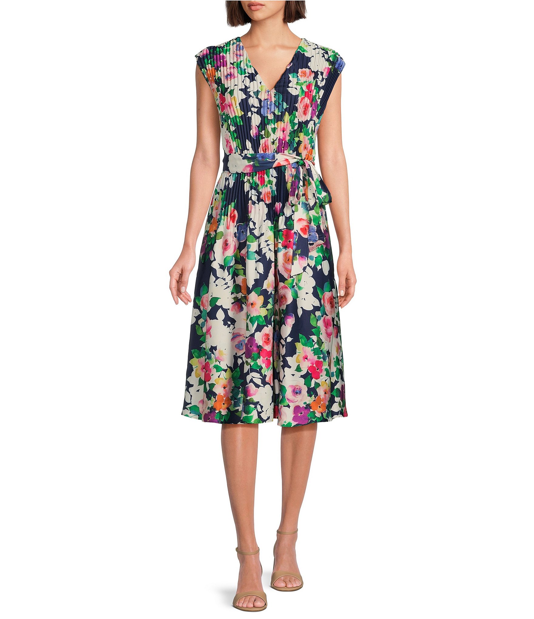 Jessica Howard Cap Sleeve V-Neck Tie Waist Floral Pleated Dress | Dillard's