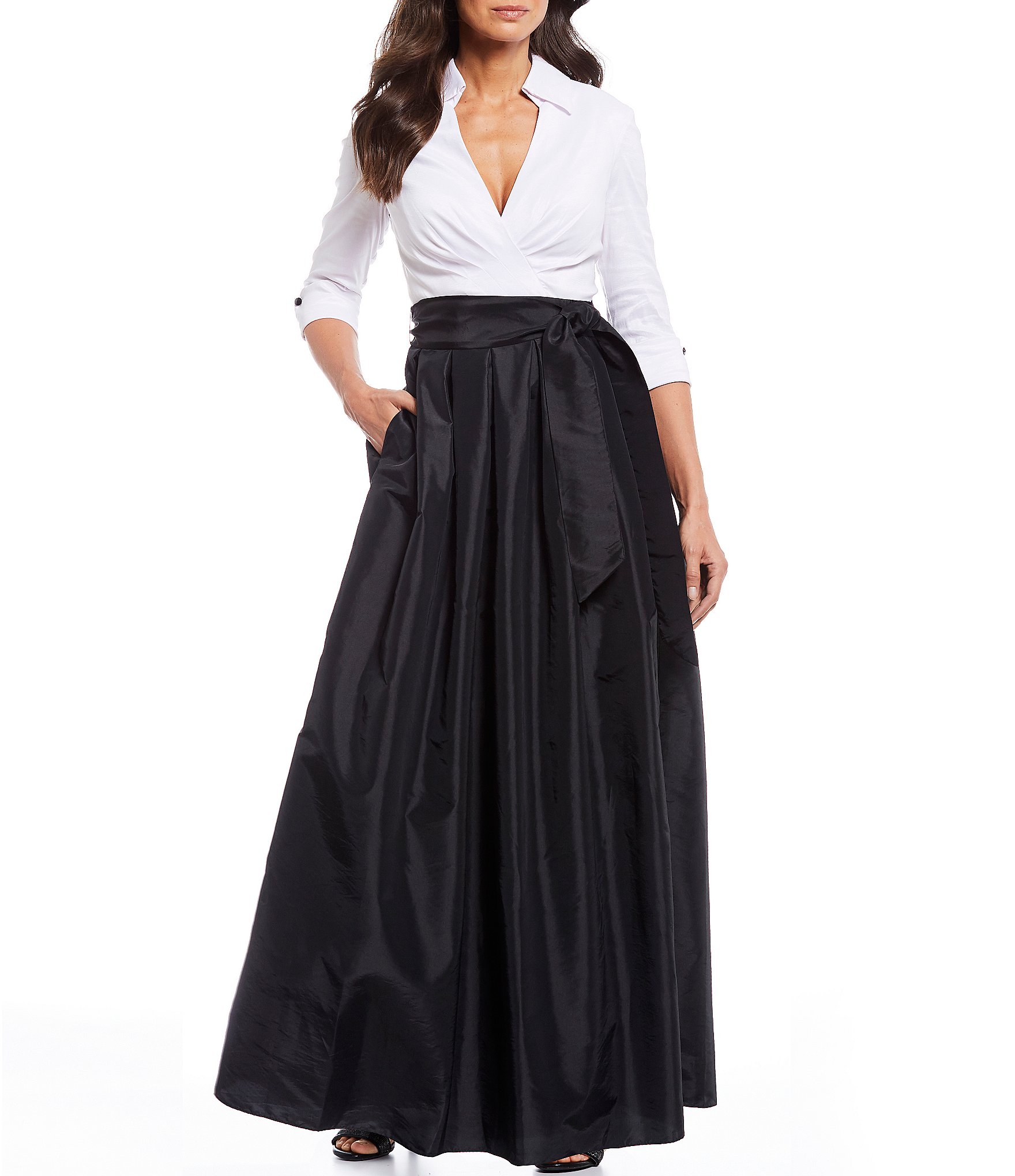 Jessica Howard Color Block V-Neck 3/4 Sleeve Tie Waist Taffeta Ball Gown |  Dillard's