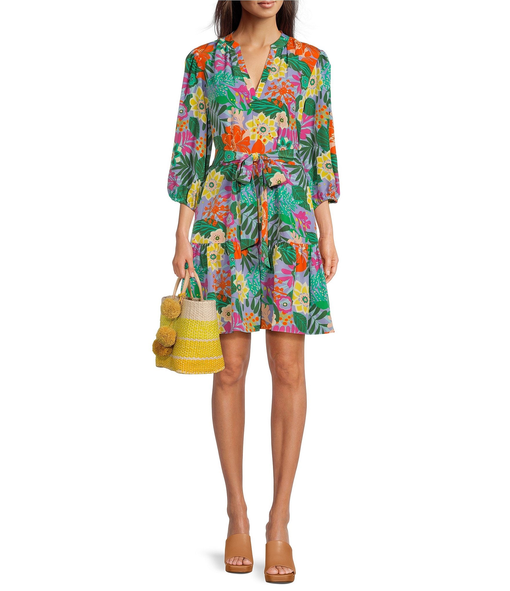 Jessica Howard Floral 3/4 Sleeve V-Neck Tie Waist Pocketed Sheath Dress ...