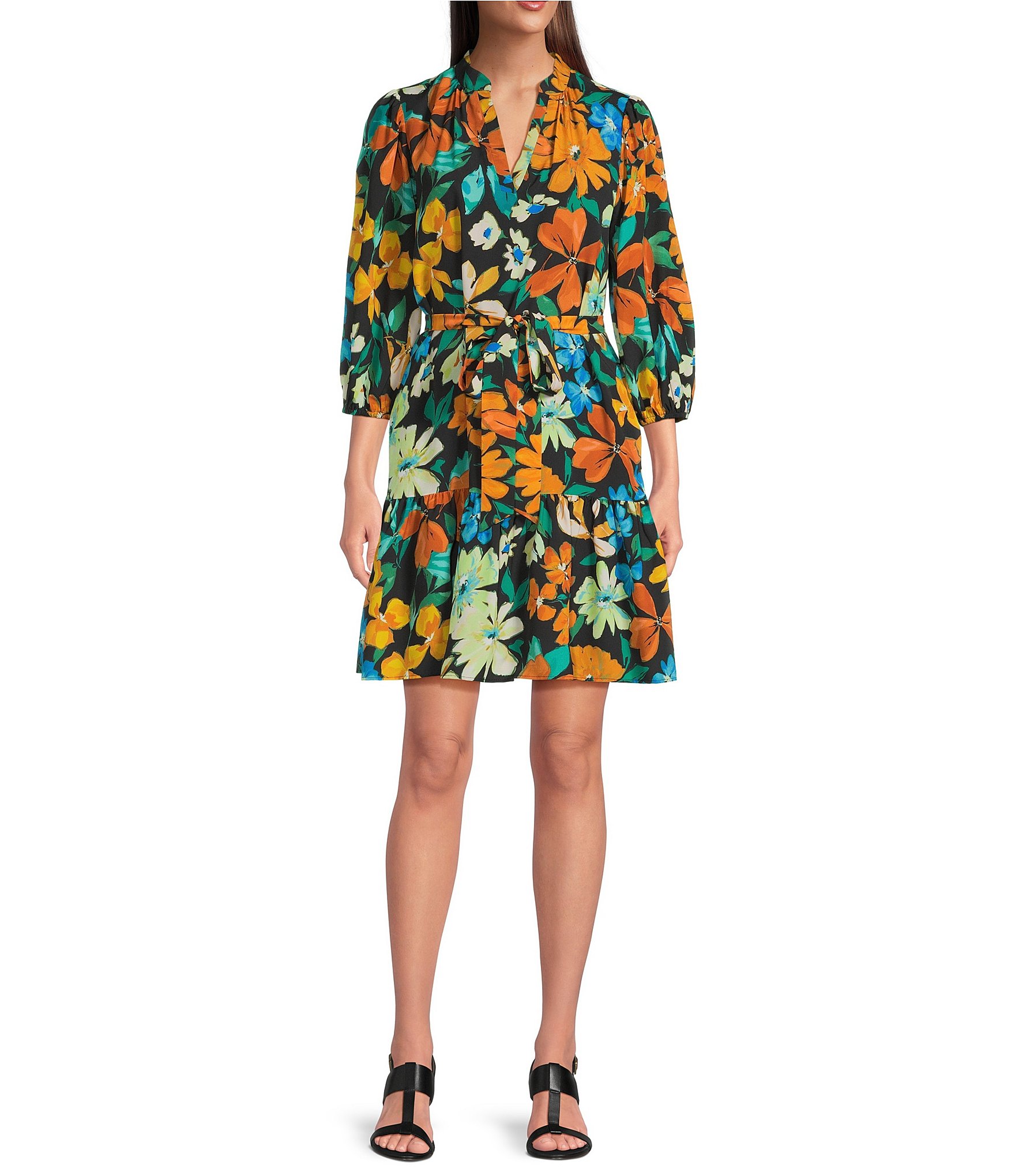 Jessica Howard Petite Size Floral Print Split V-Neck 3/4 Sleeve Ruffle Hem A-Line Dress