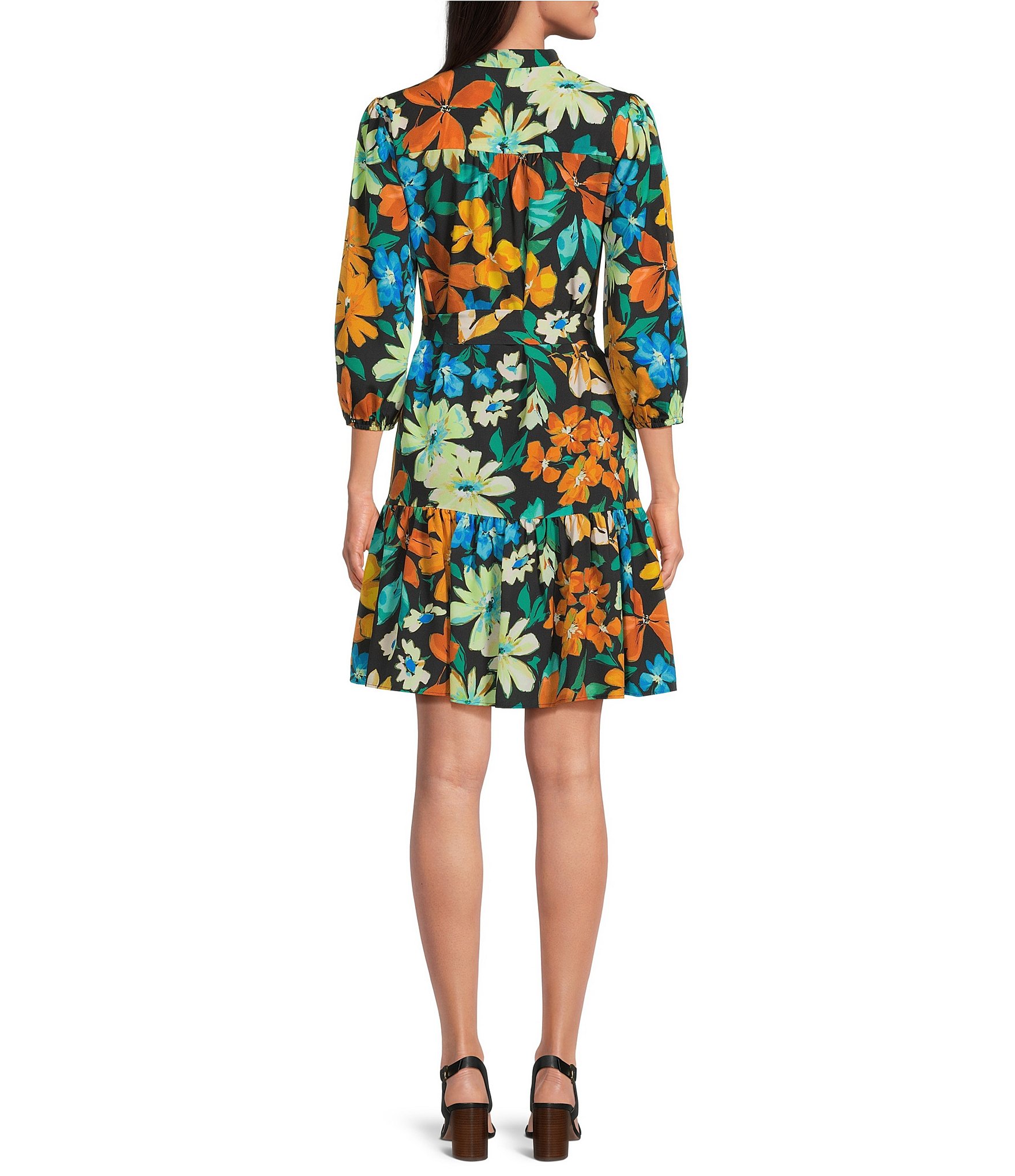 Jessica Howard Petite Size Floral Print Split V-Neck 3/4 Sleeve Ruffle Hem A-Line Dress