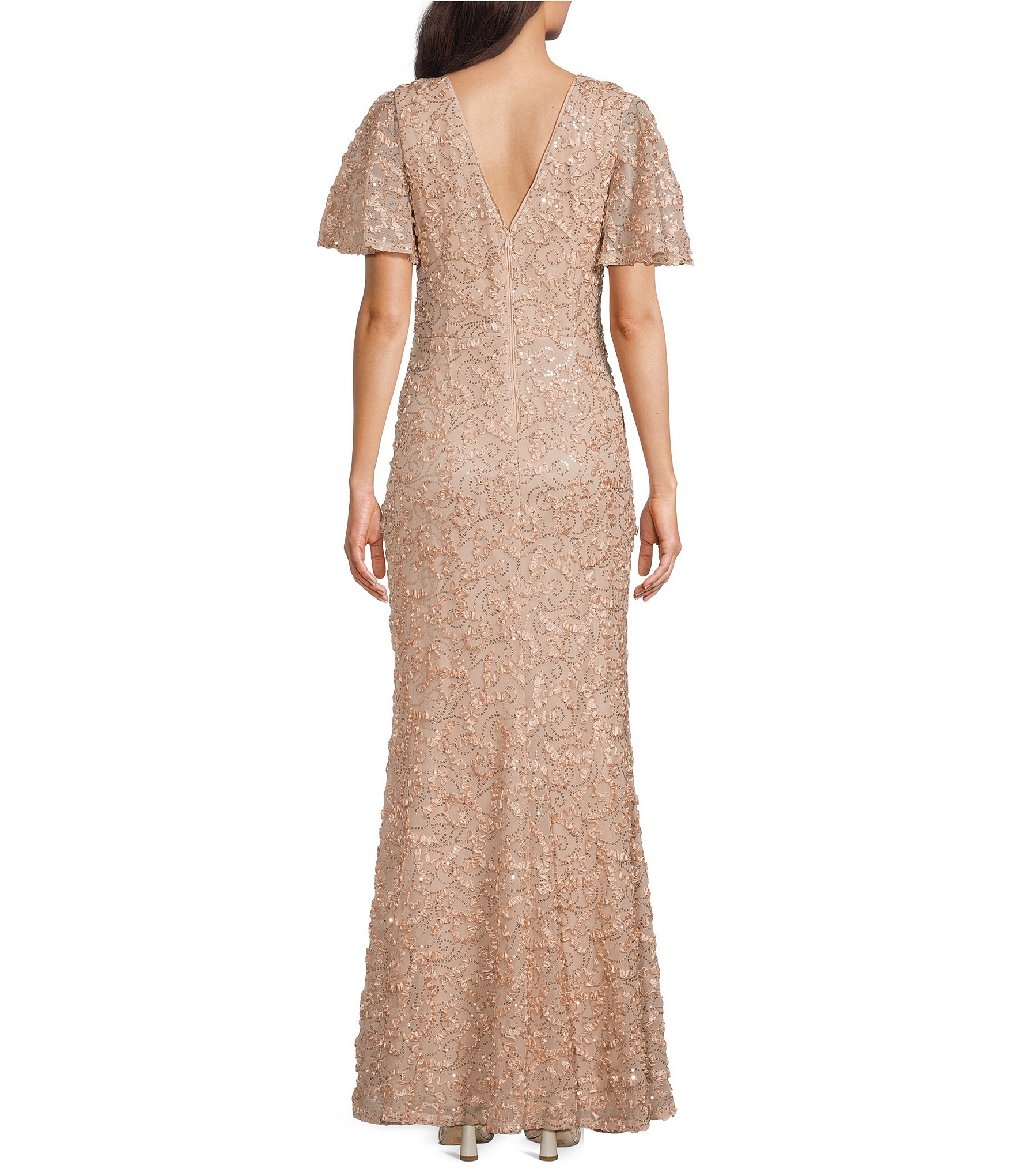 Jessica Howard Petite Size Flutter Sleeve V Neck Soutache Mesh Long Dress