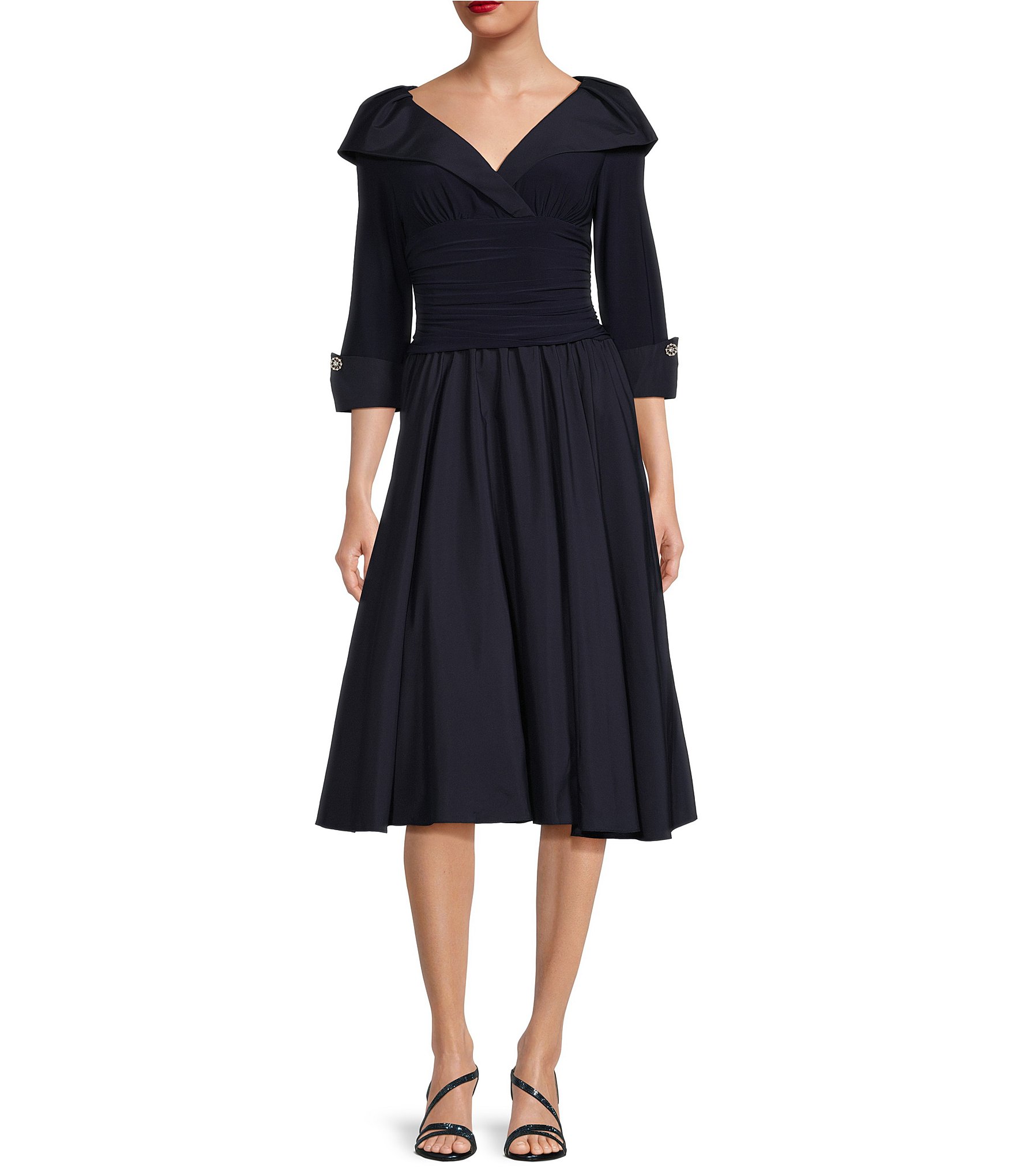 Jessica Howard Petite Size Jersey Taffeta Rhinestone 3/4 Sleeve Portrait Collar Ruched A-Line Midi Dress