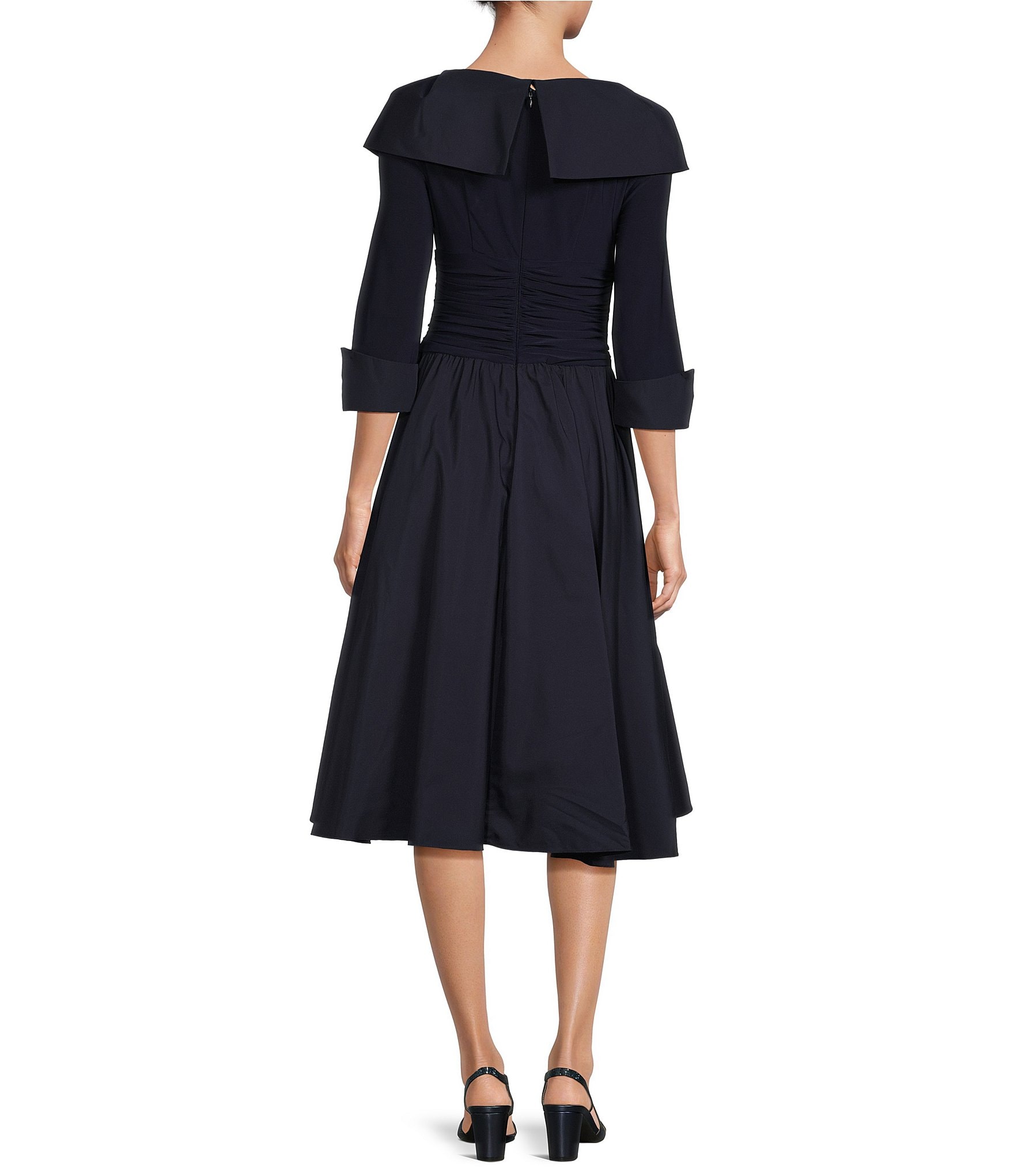 Jessica Howard Petite Size Jersey Taffeta Rhinestone 3/4 Sleeve Portrait Collar Ruched A-Line Midi Dress