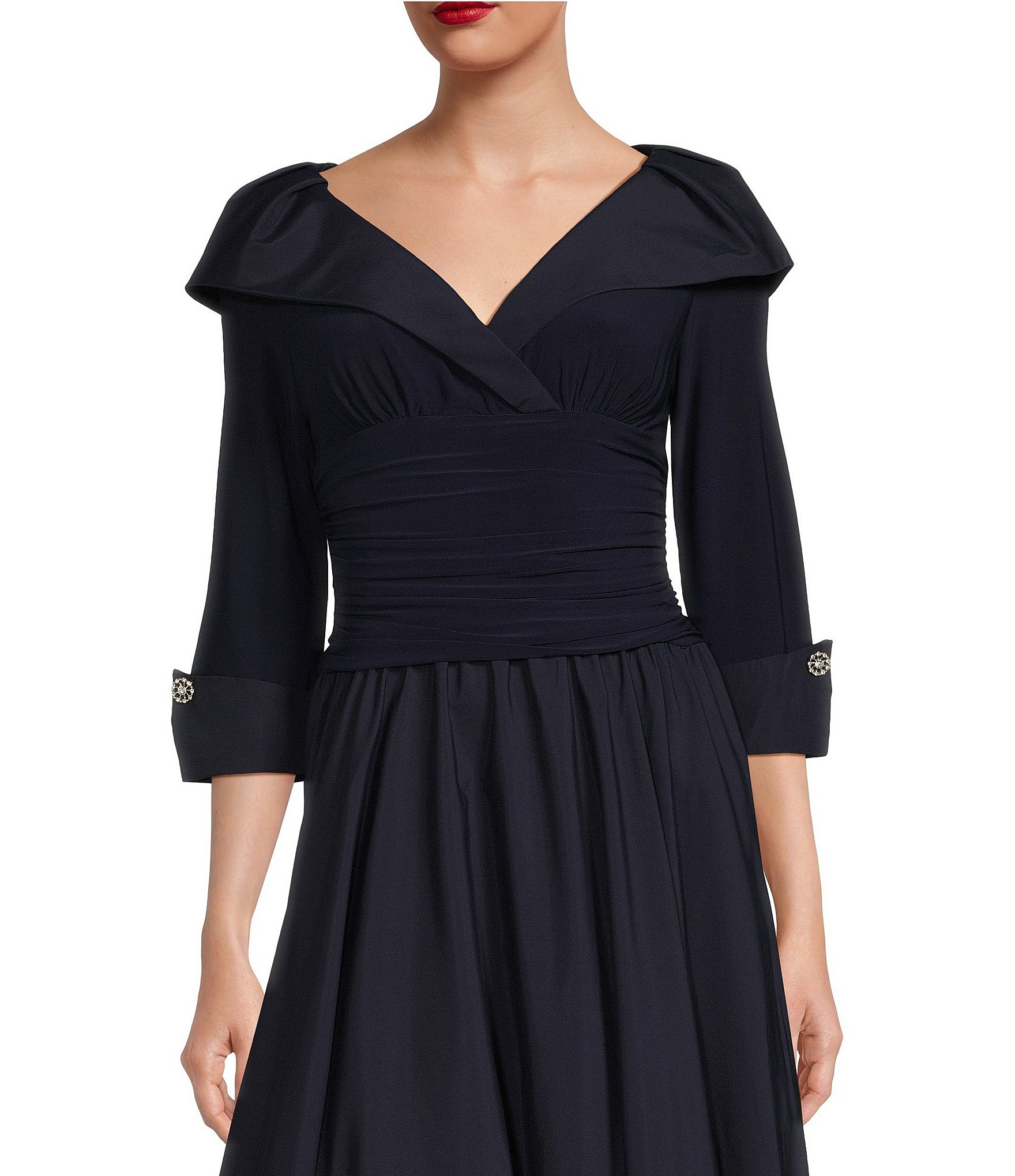 Jessica Howard Petite Size Jersey Taffeta Rhinestone 3/4 Sleeve Portrait Collar Ruched A-Line Midi Dress