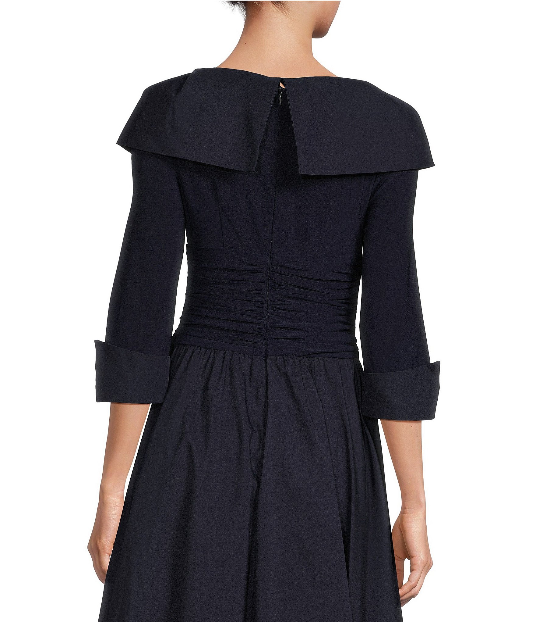 Jessica Howard Petite Size Jersey Taffeta Rhinestone 3/4 Sleeve Portrait Collar Ruched A-Line Midi Dress