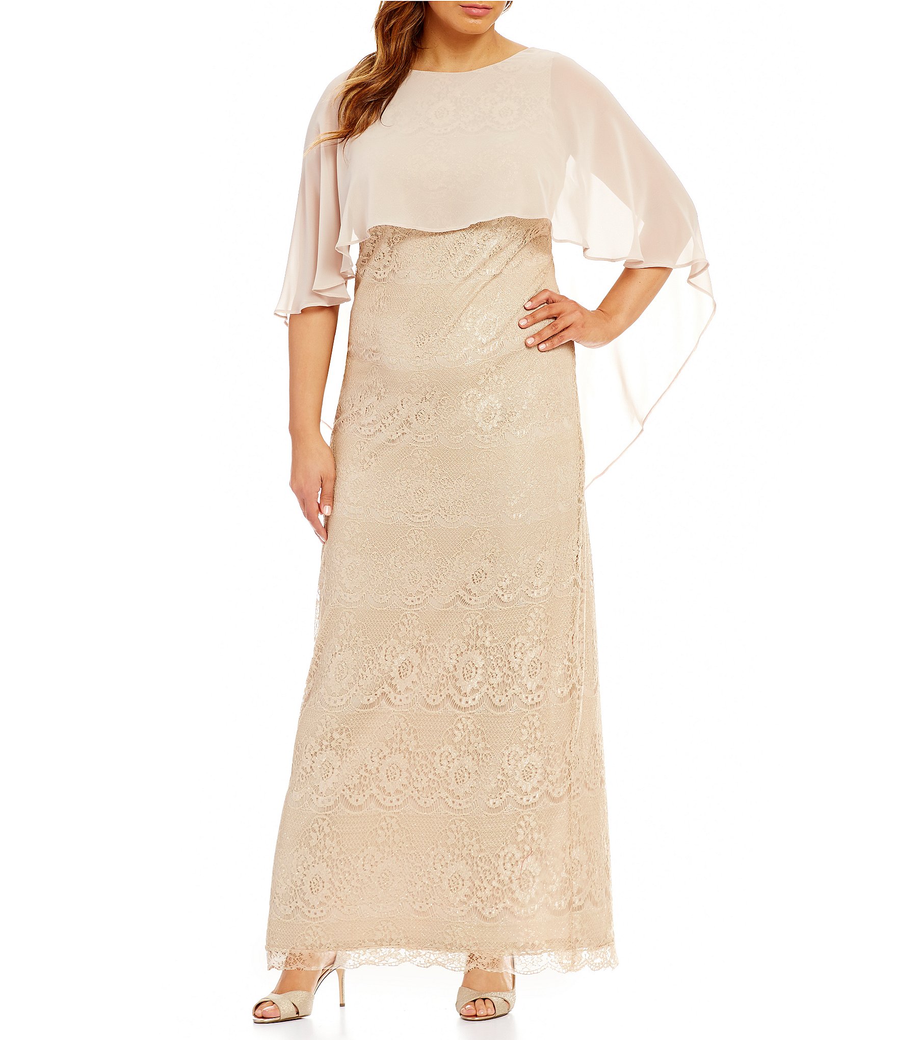 Jessica Howard Plus Capelet Lace Column Gown | Dillards