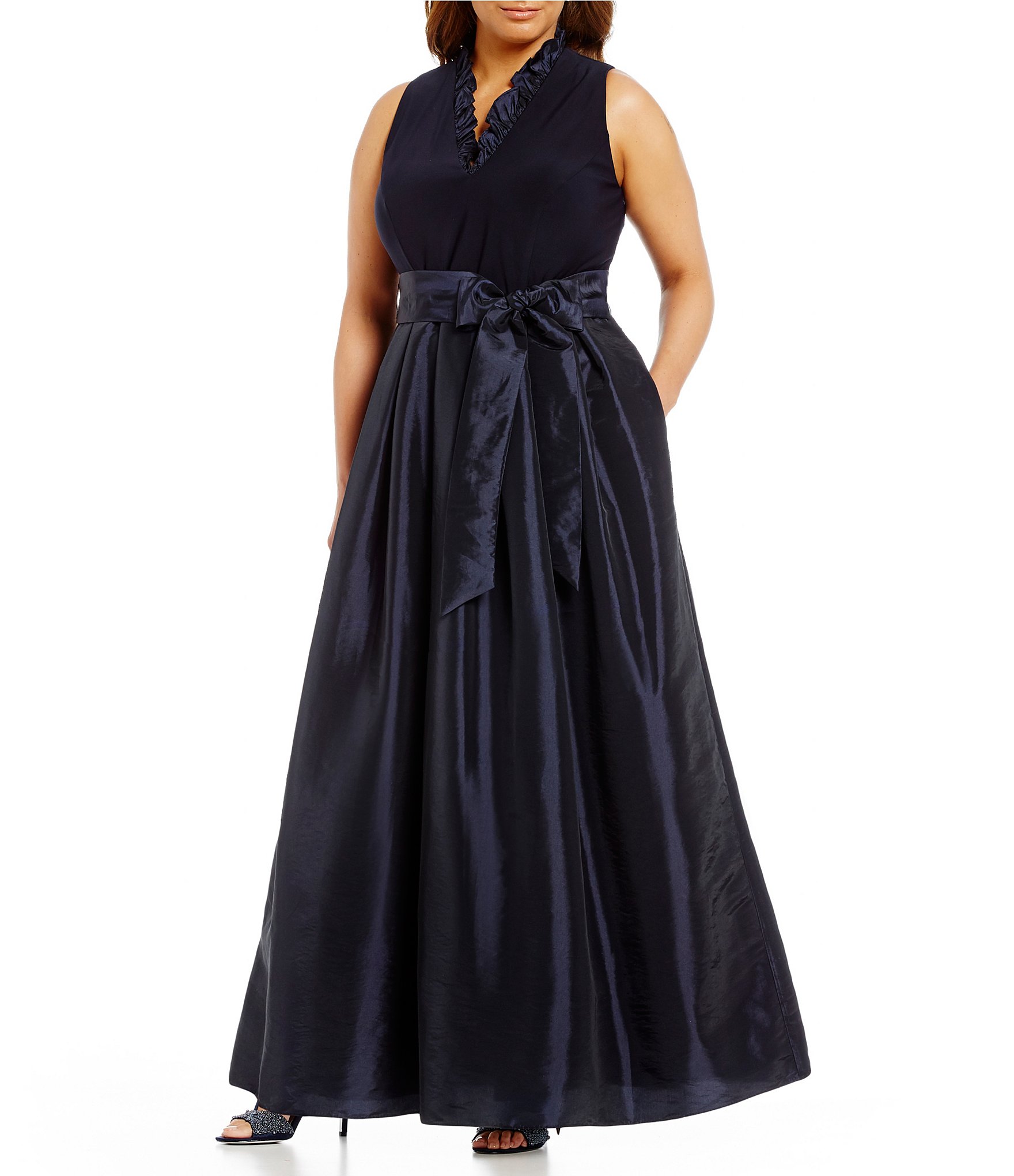 Jessica Howard Plus Ruffle V-Neck Ballgown | Dillards
