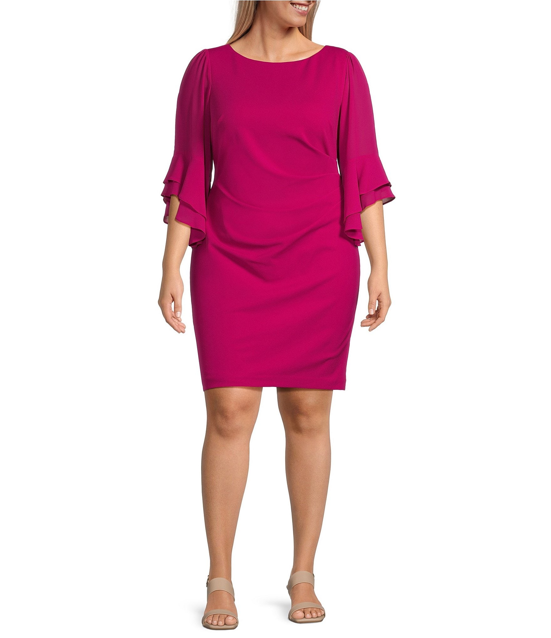 Jessica Howard Plus Size 3/4 Bell Sleeve Boat Neck Ruched Waist Sheath Dress