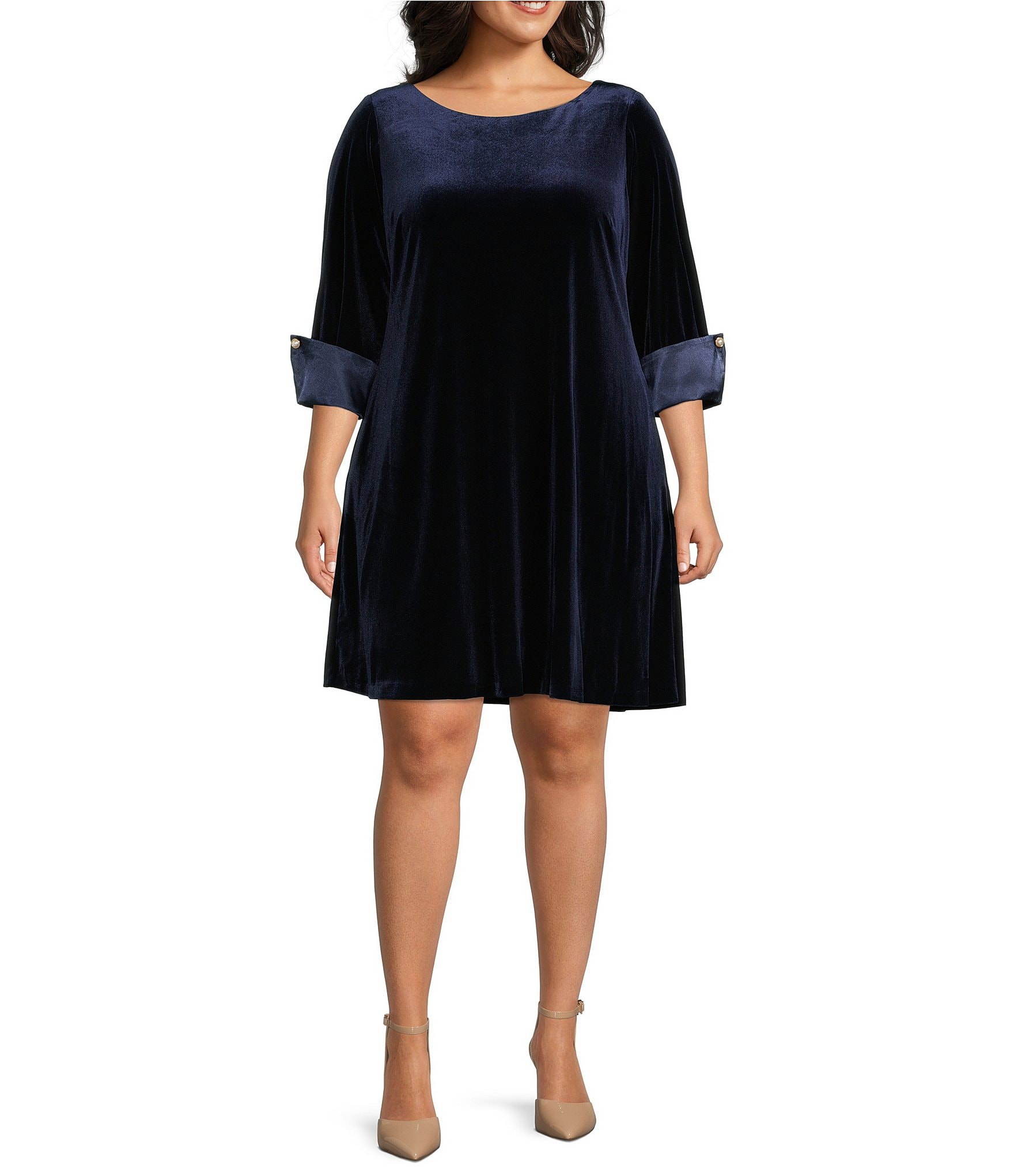 Jessica Howard Plus Size 3/4 Sleeve Round Neck Velvet Dress | Dillard's