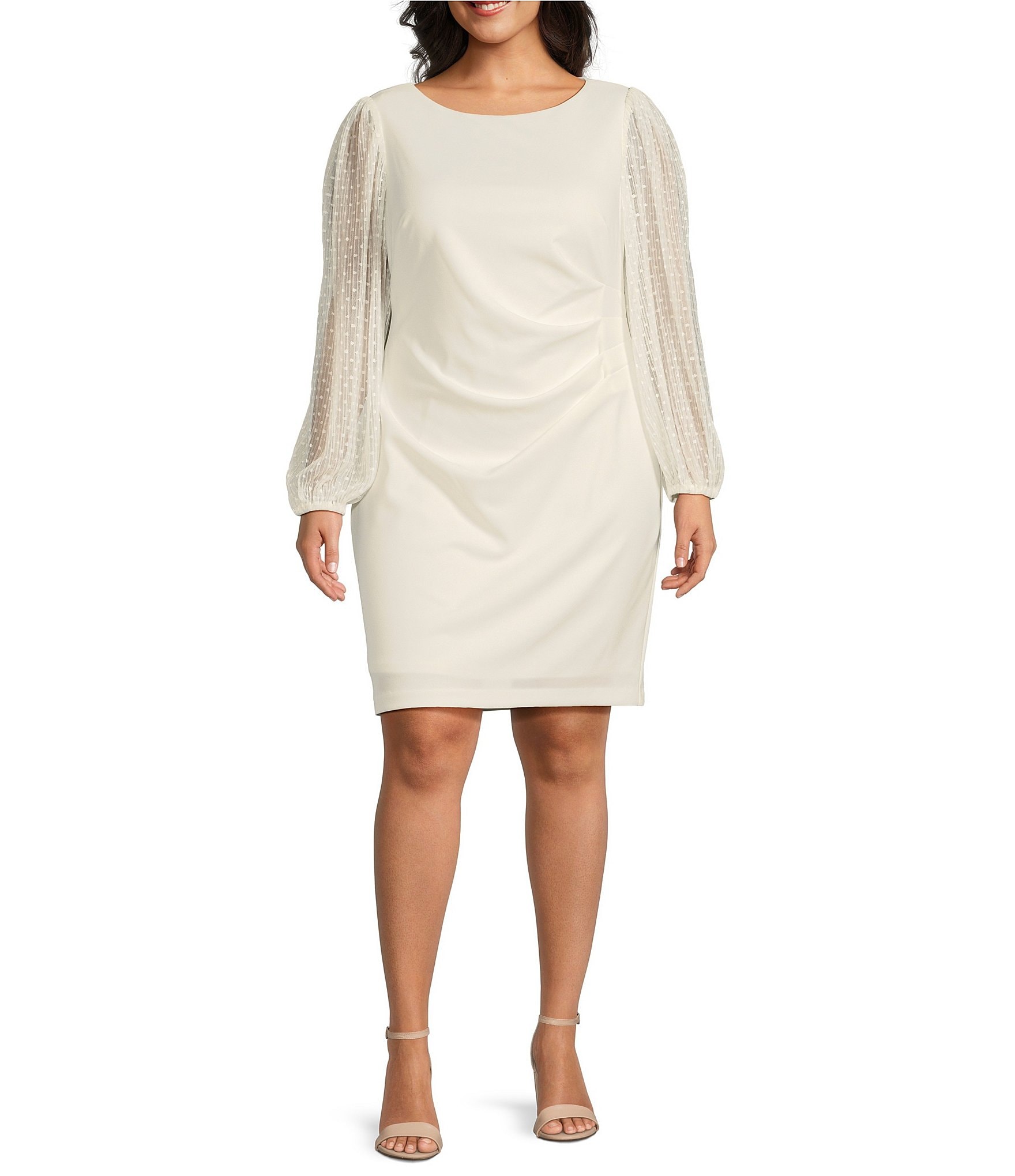 Jessica Howard Plus Size Boat Neck Long Dotted Illusion Sleeve Scuba Crepe Sheath Dress
