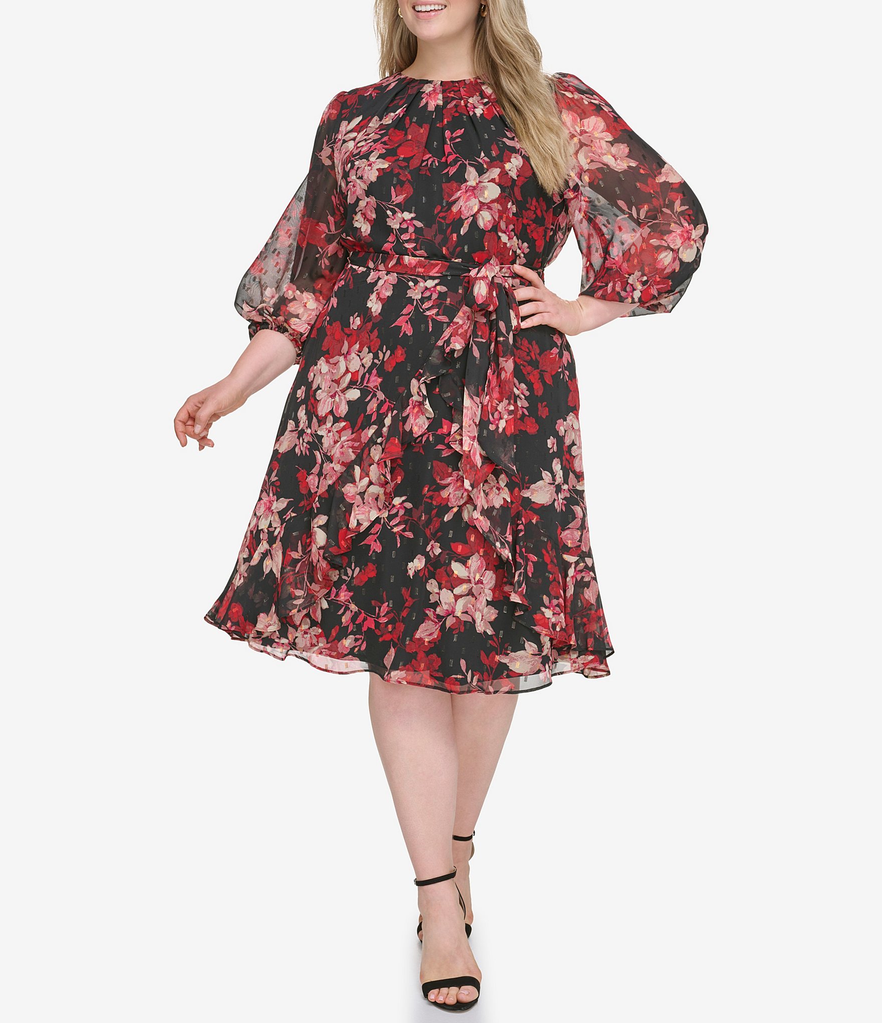 Jessica Howard Plus Size Long Sleeve Pleated Crew Neck Floral Chiffon ...