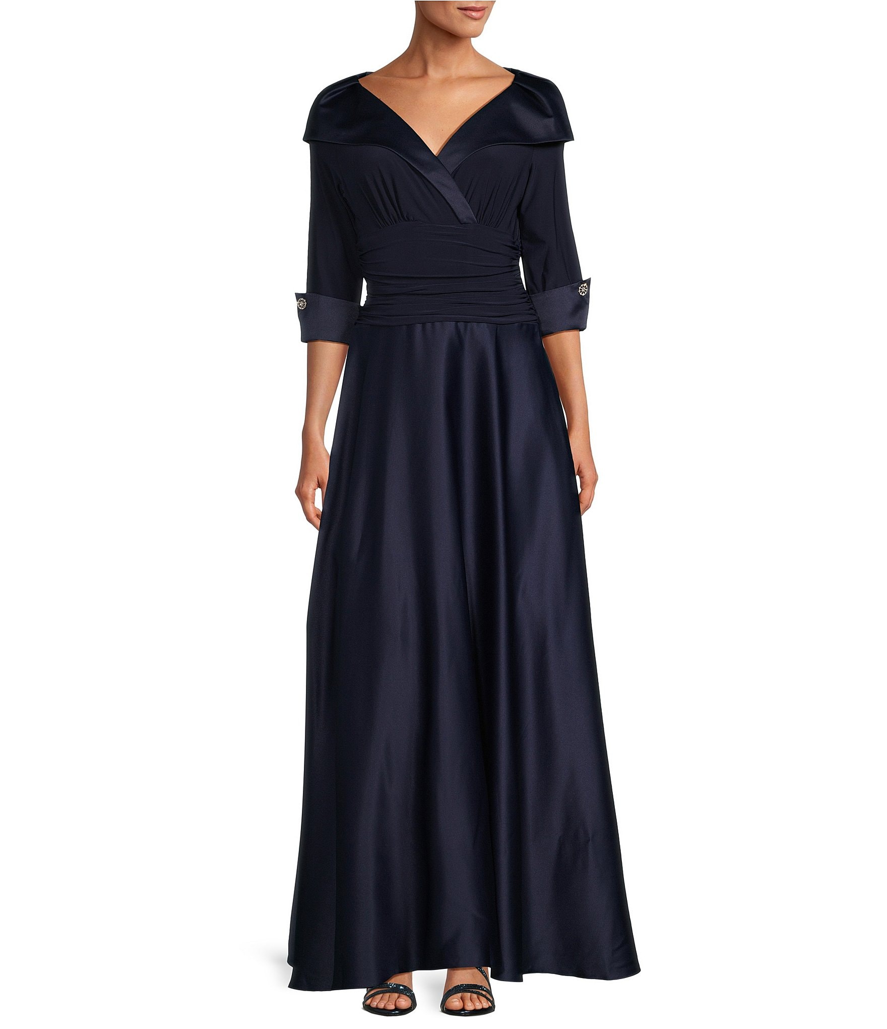 Jessica Howard Soutache Floral Lace Round Neck Sequin Bodice Satin 3/4  Sleeve Tie Belt Ball Gown | Dillard's