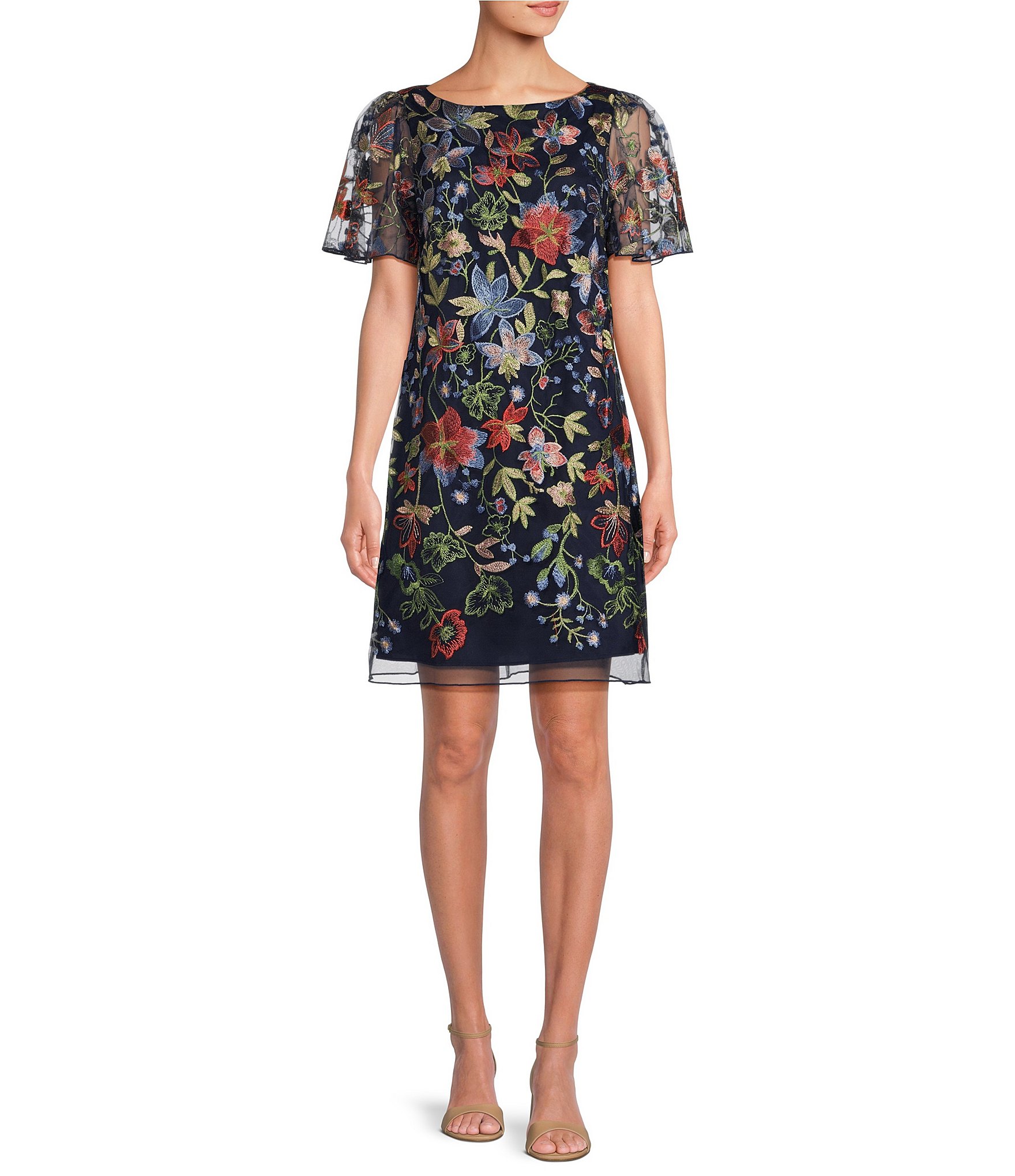 Jessica Howard Short Sleeve Boat Neck Floral Embroidered Mesh Dress