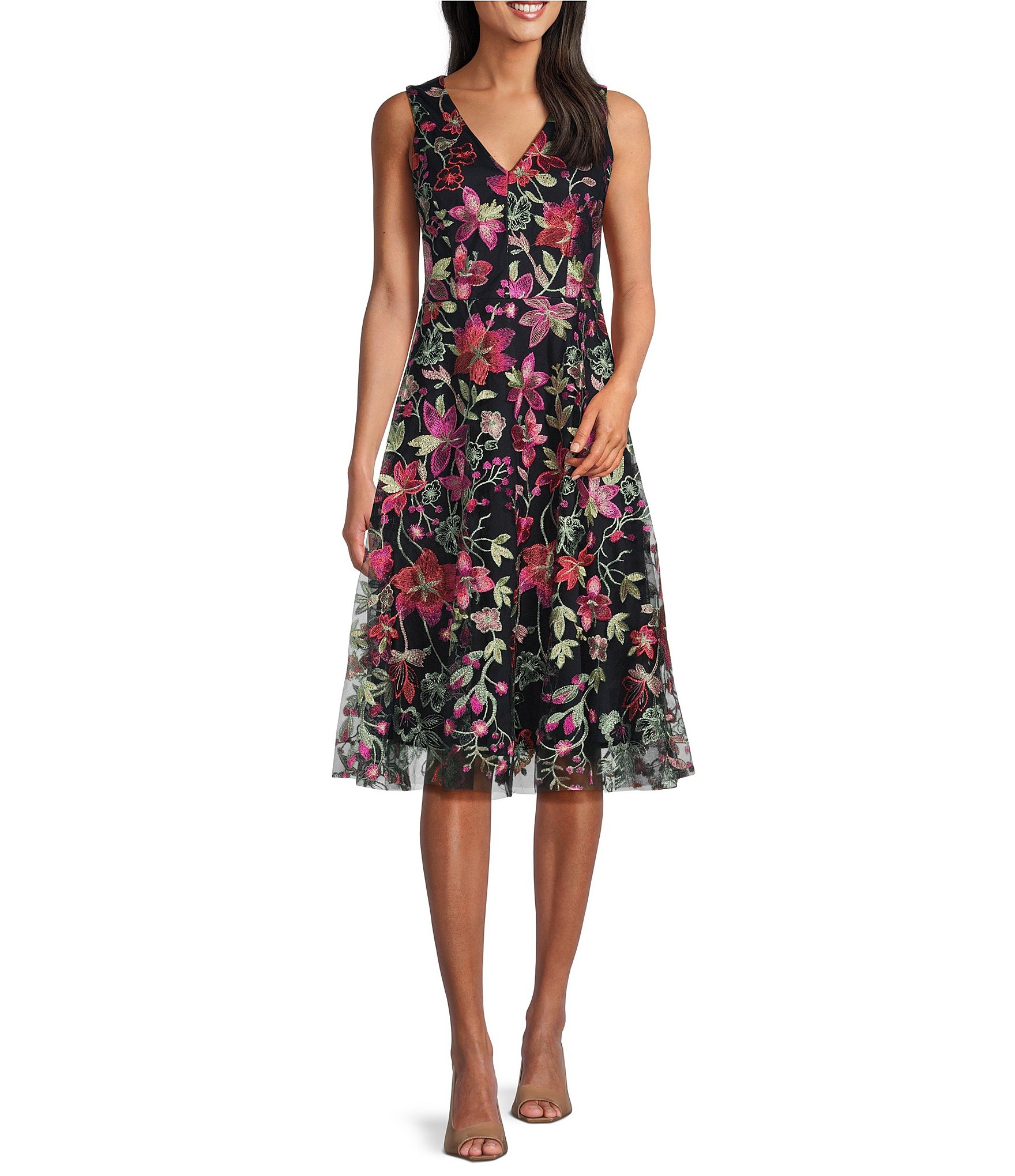 Jessica Howard Sleeveless V Neck Floral Embroidered Dress Dillards 2568