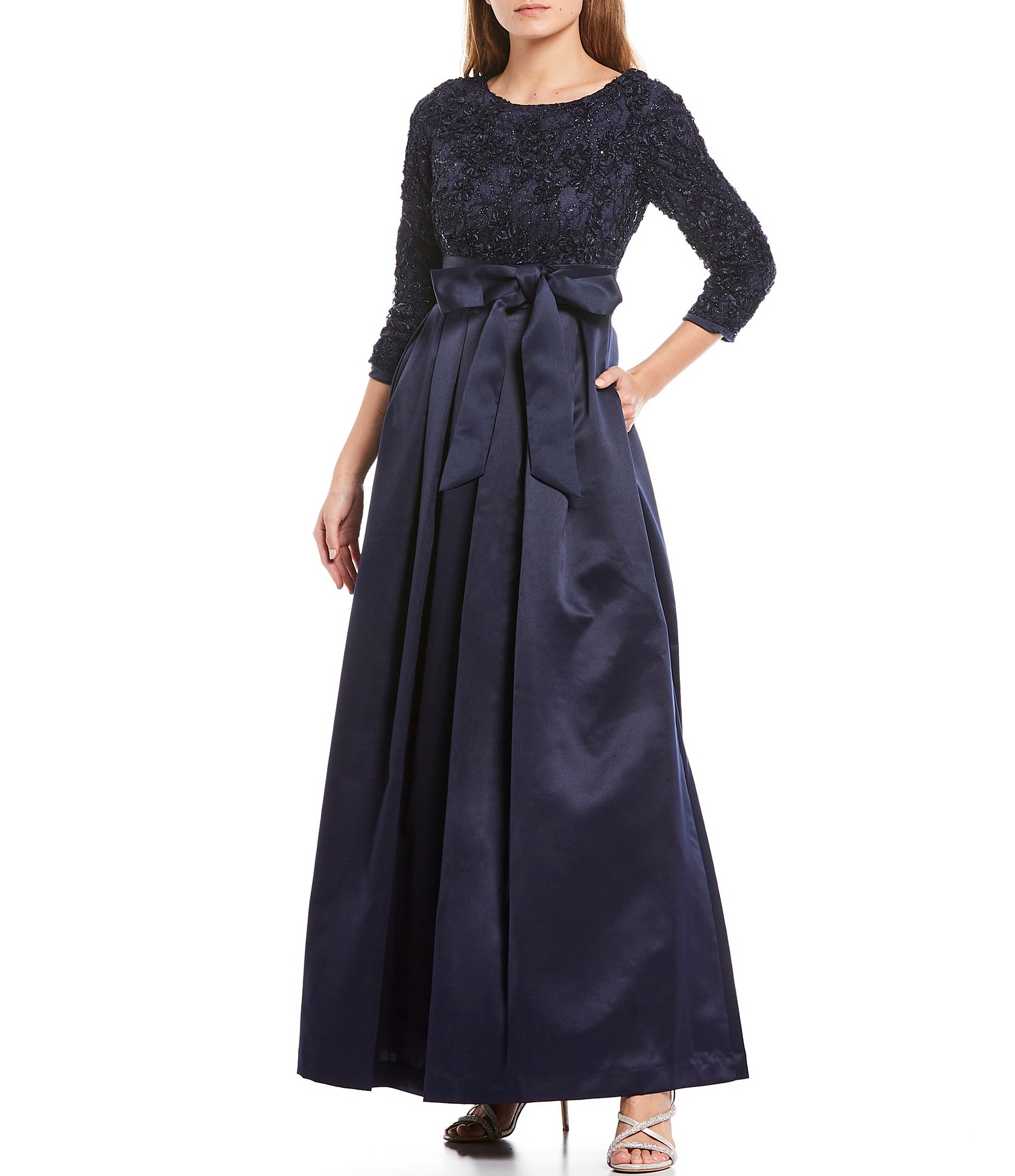 Jessica Howard Soutache Floral Lace Round Neck Sequin Bodice Satin 3/4  Sleeve Tie Belt Ball Gown