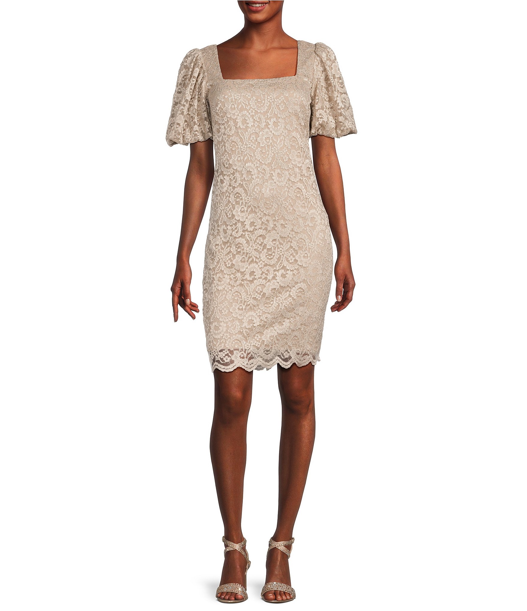 Jessica Howard Square Neck Puff Short Sleeve Lace Sheath Dress | Dillard's