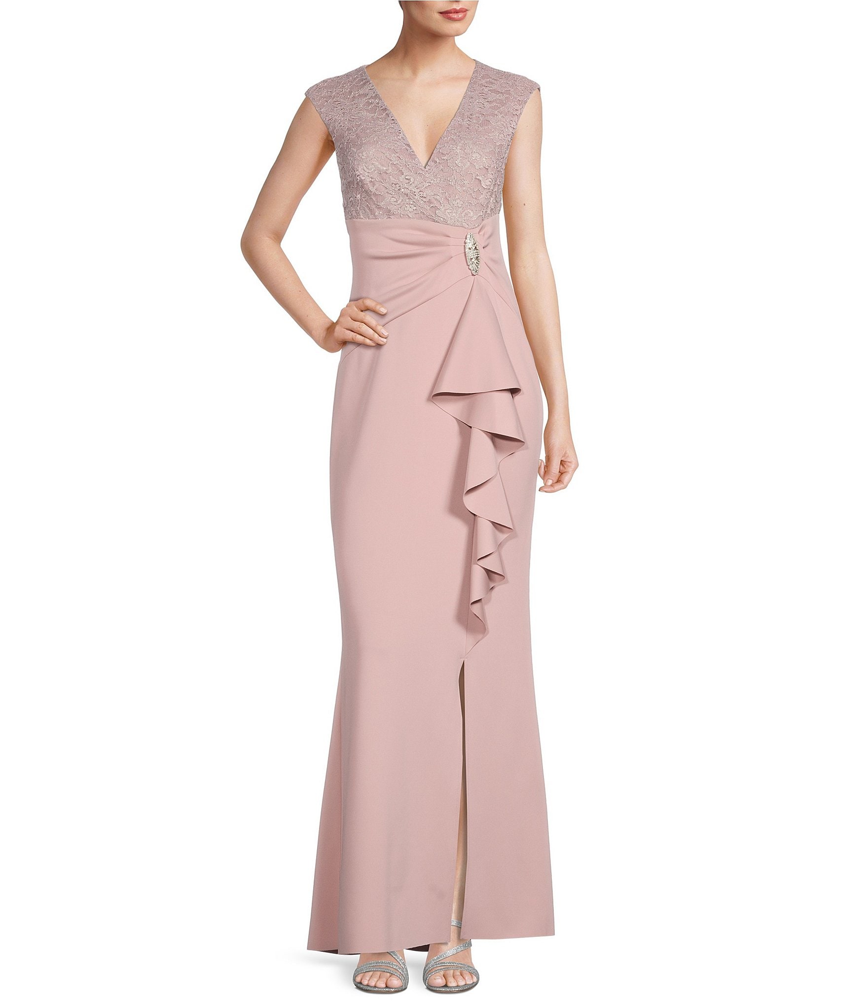 Jessica Howard Color Block V-Neck 3/4 Sleeve Tie Waist Taffeta Ball Gown |  Dillard's