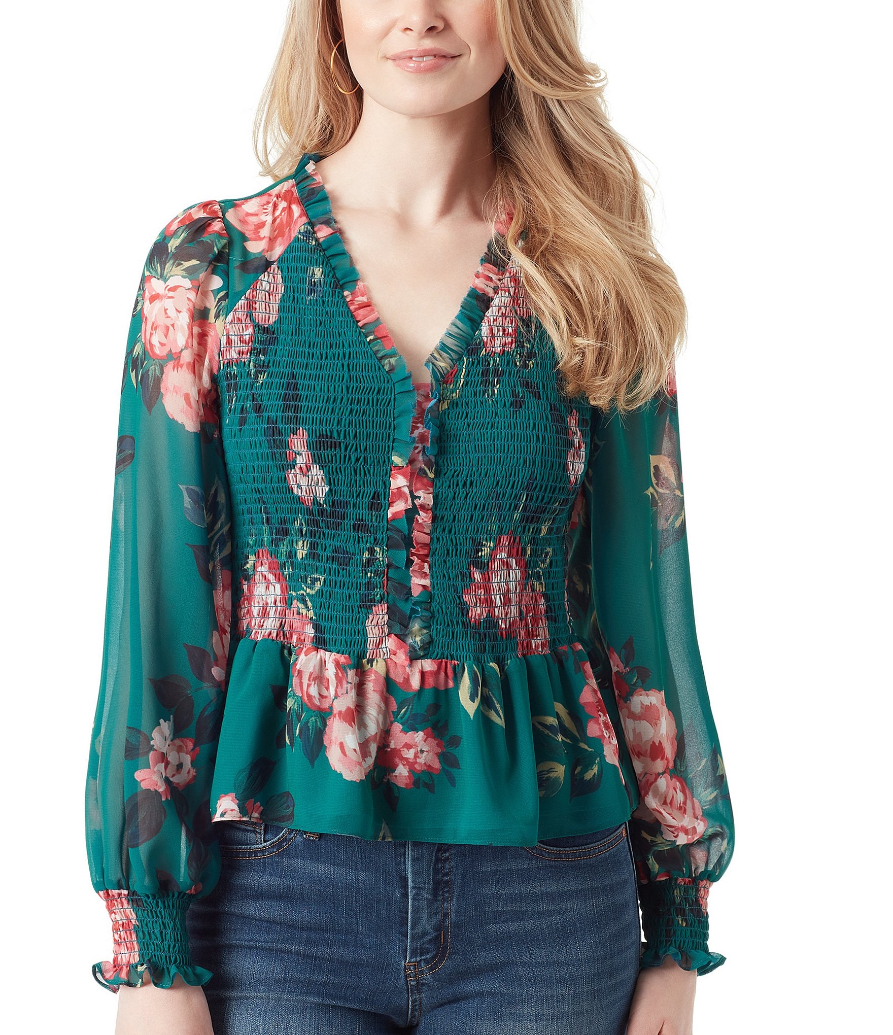 Jessica Simpson Averie Floral Print Long Sleeve Smocked Peplum Top