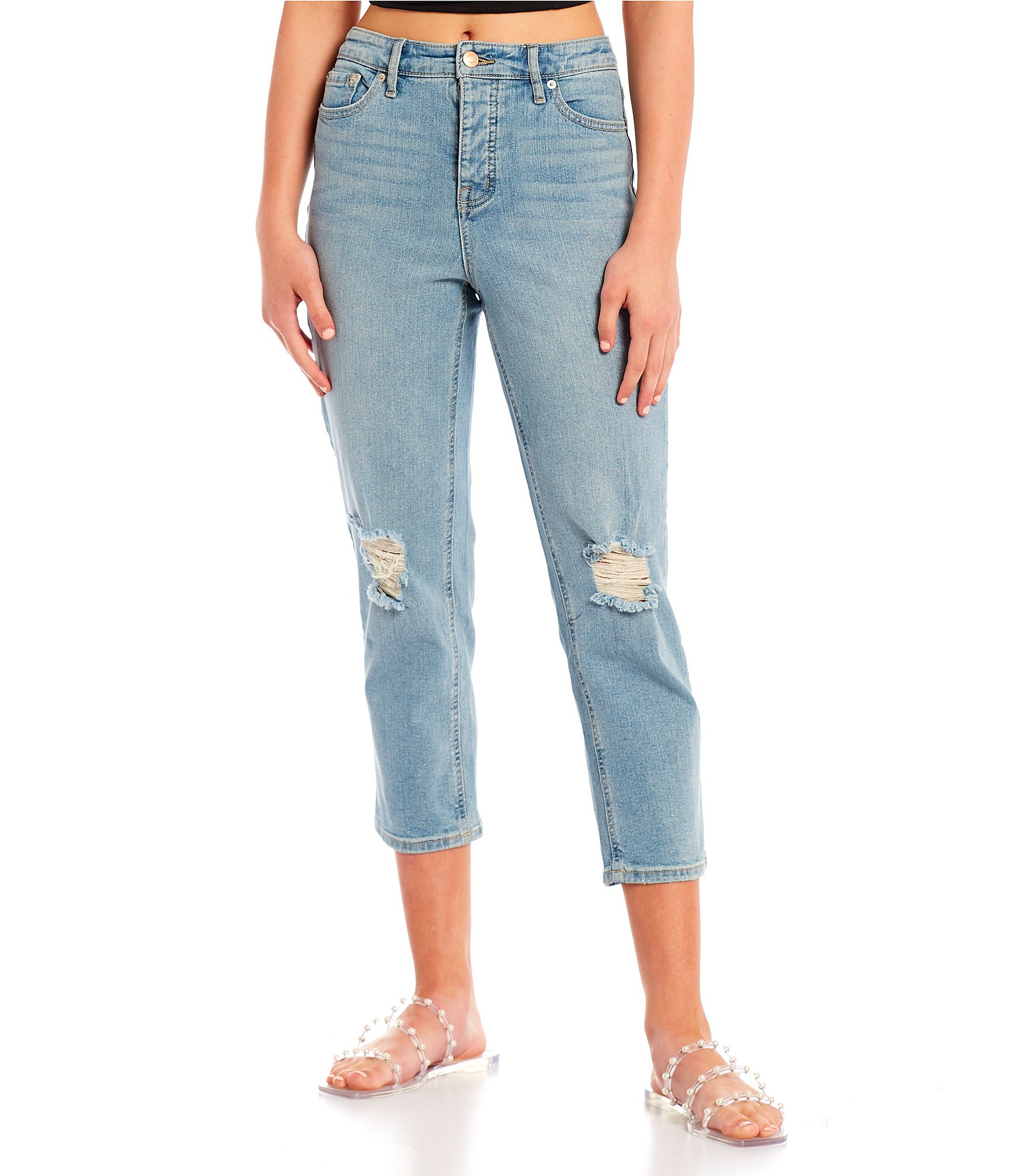 Jessica Simpson High Rise Throwback Distressed Knee Cropped Straight ...