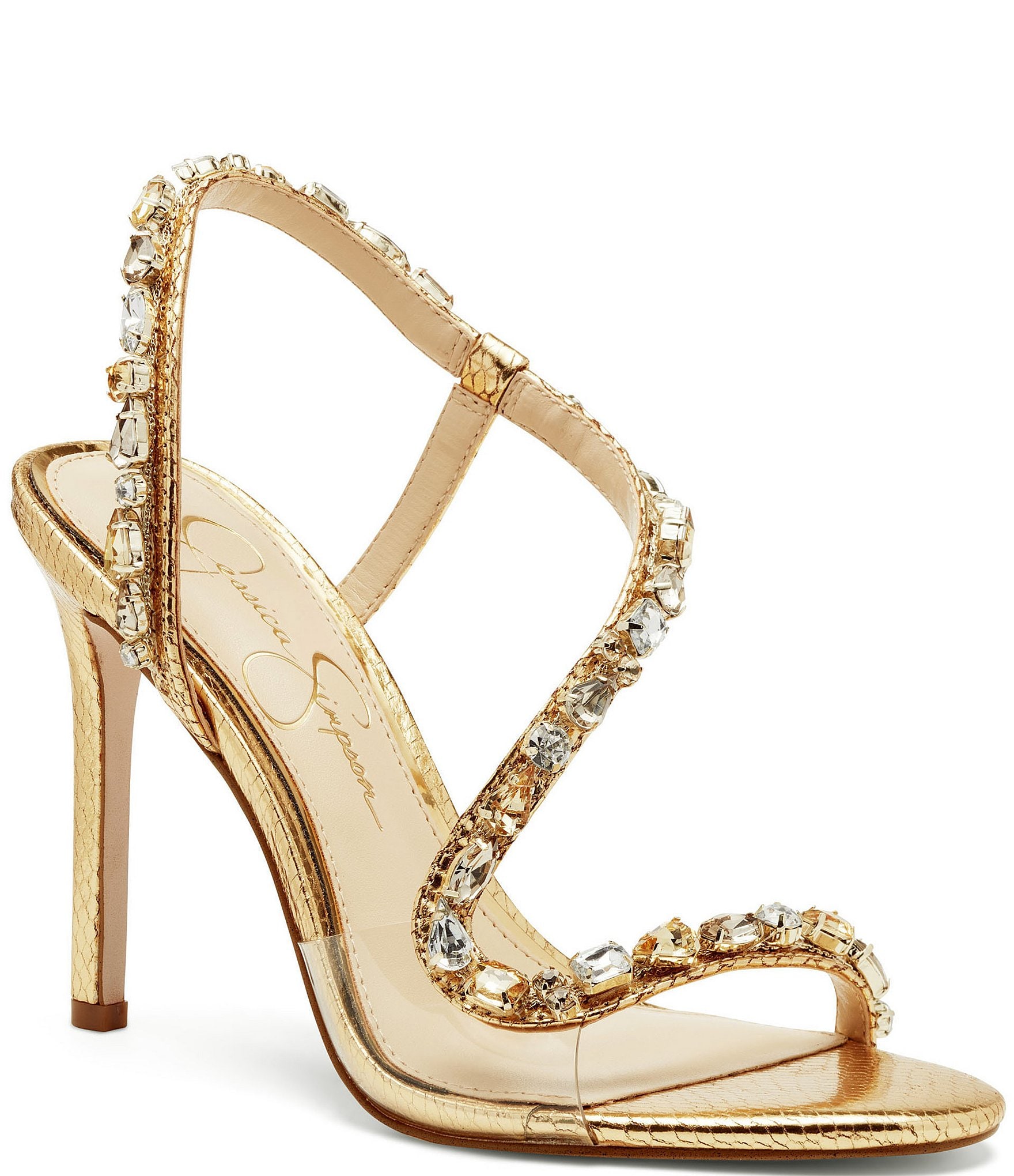 Jessica Simpson Jaycin Rhinestone Asymmetrical Metallic Dress Sandals ...