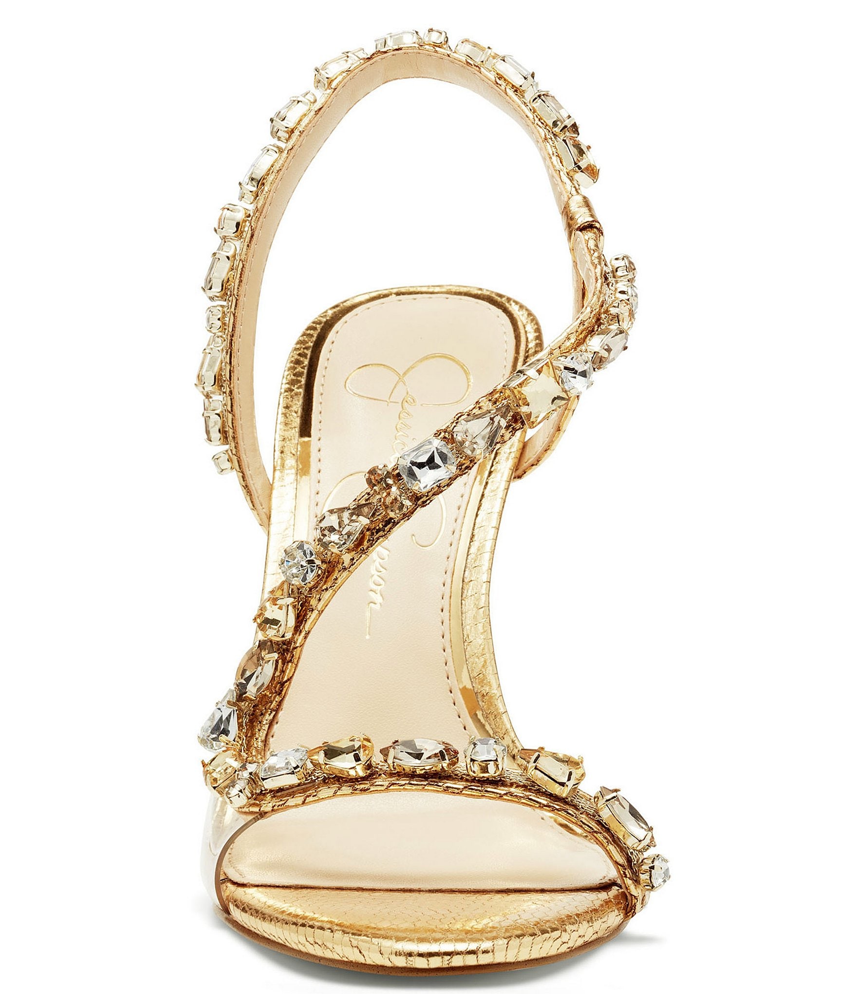 Jessica Simpson Jaycin Rhinestone Asymmetrical Metallic Dress Sandals