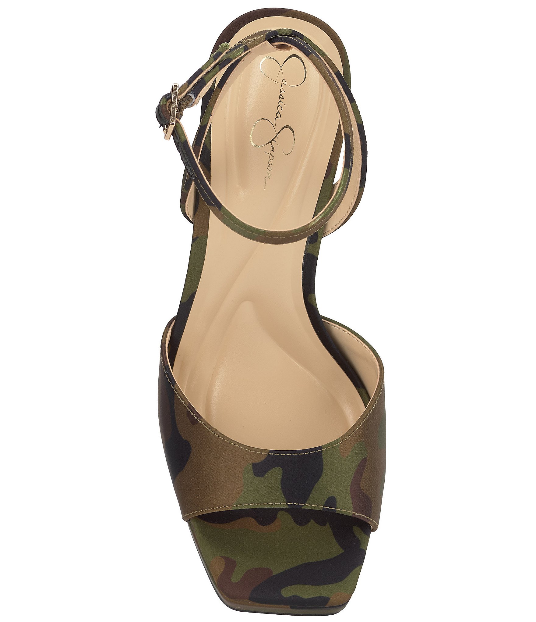 Jessica Simpson Jixte Camo Satin Sculptural Ankle Wrap Platform Dress Sandals