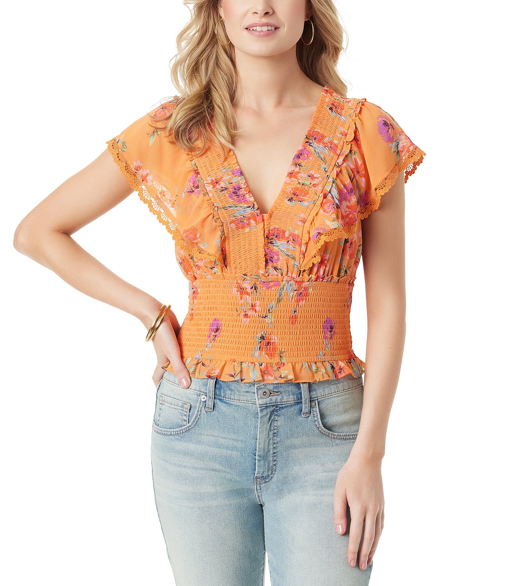 Miss Chievous Printed Short Sleeve Button Front Lettuce Edge Henley Top